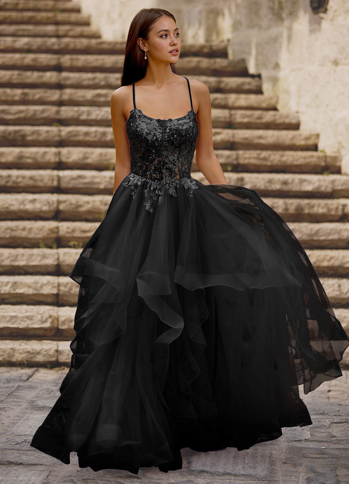 Mosaic Black Ruffle Prom Dress Prom and Homecoming Dresses | Azazie AU