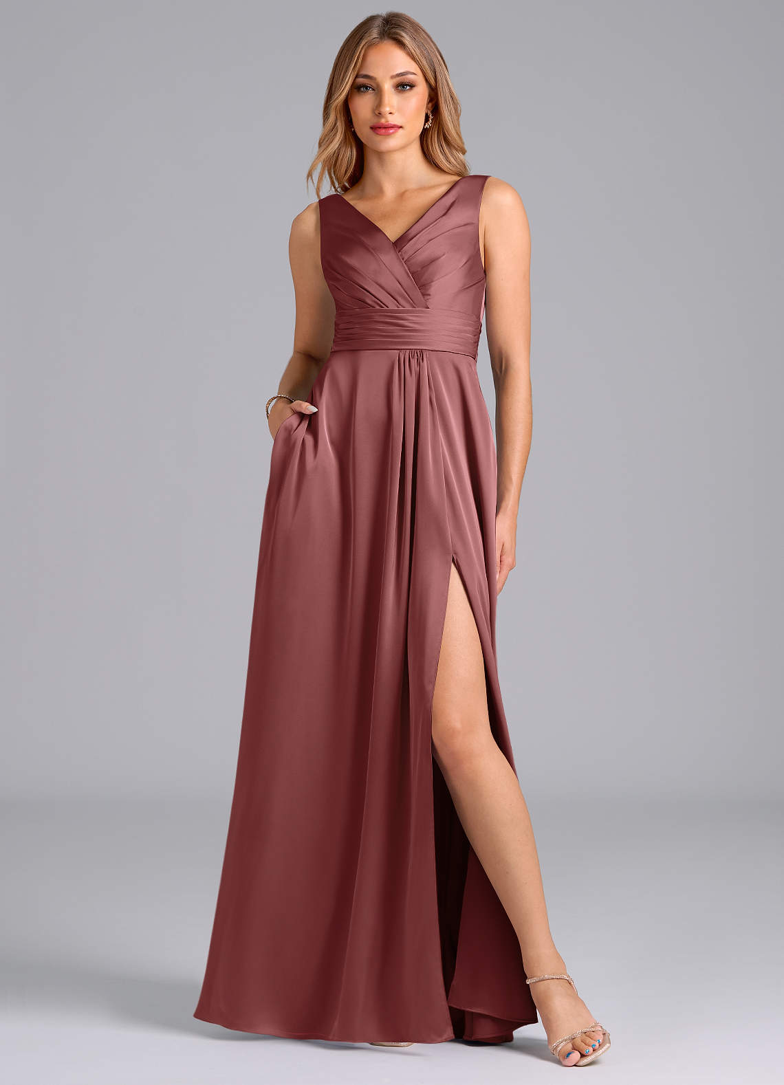 Azazie Karina Bridesmaid Dresses Amethyst A-Line Pleated Stretch Satin Dress image1