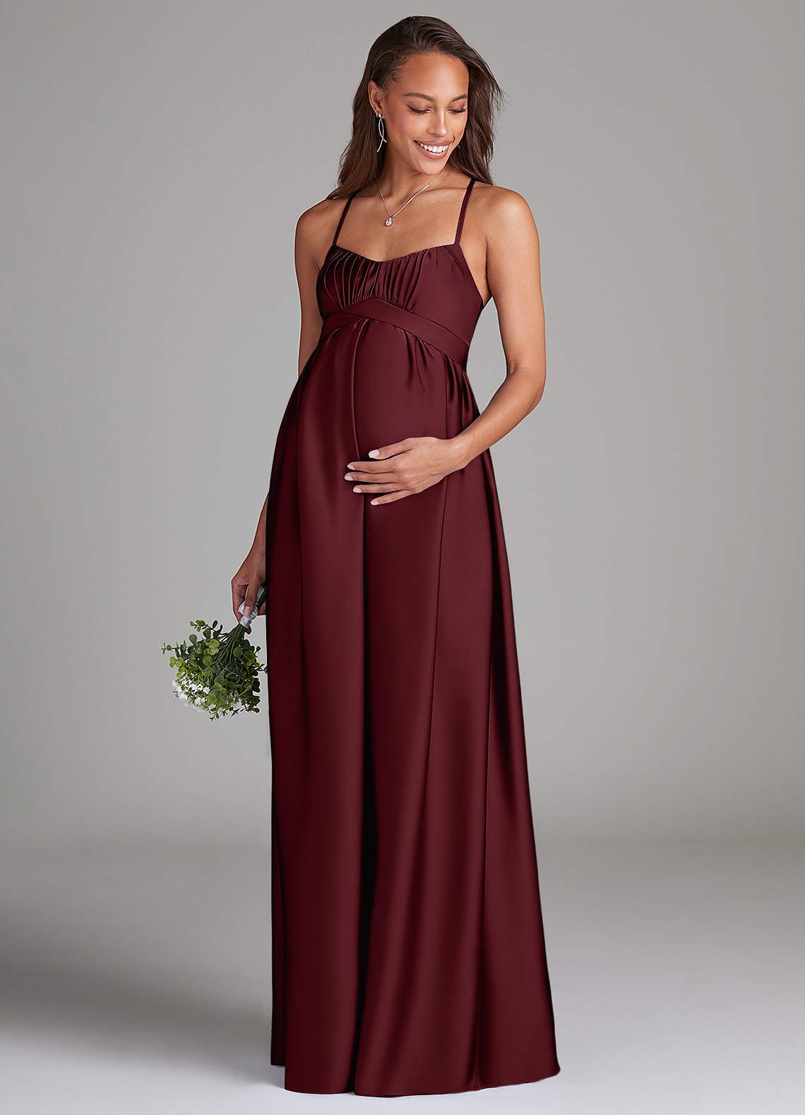 Azazie Llana Maternity Bridesmaid Dresses A-Line Stretch Satin Floor-Length Dress with Pockets image1