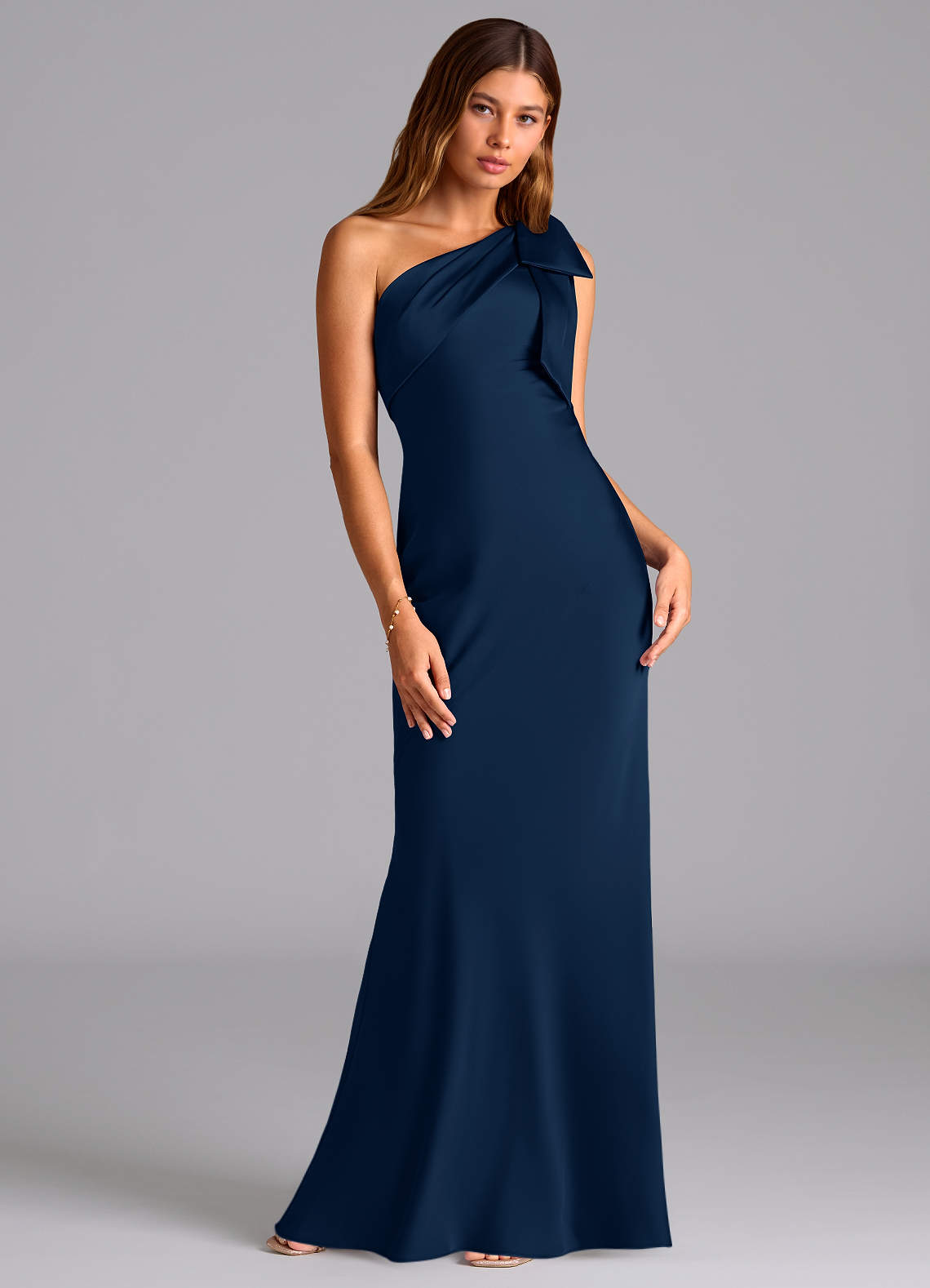 Azazie Yuanna Bridesmaid Dresses Dark Navy Mermaid One Shoulder Stretch Satin Dress image2