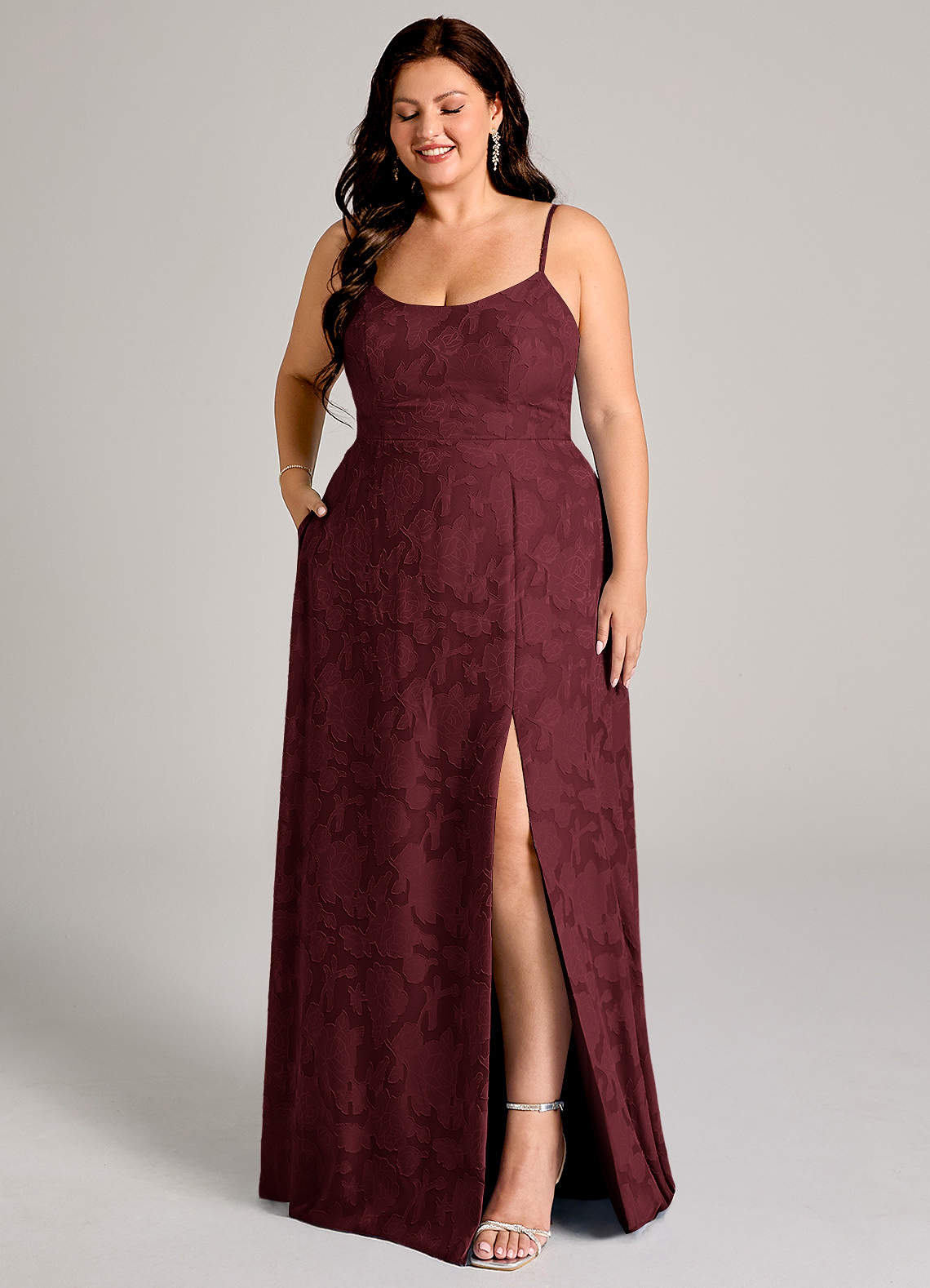 Azazie Moira Bridesmaid Dresses Cabernet A-Line Side Slit Floral Burnout Dress image9