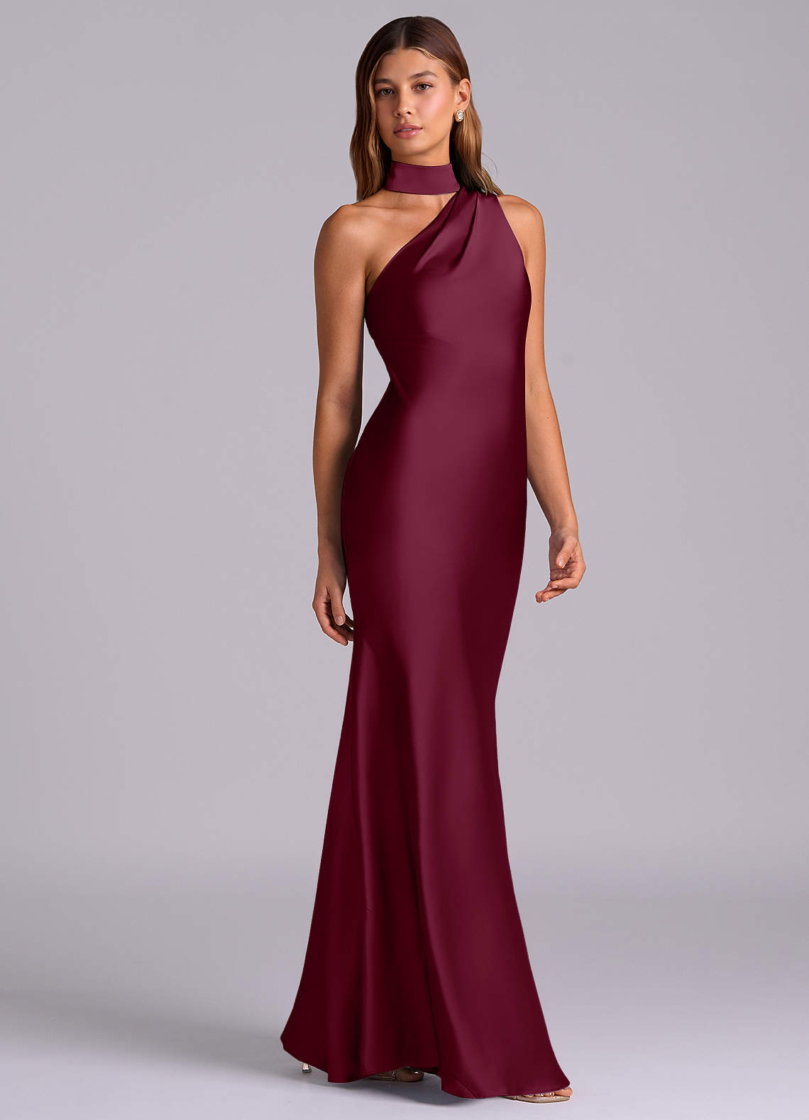 mulberry silk bridesmaid dress Azazie Mermaid One-Shoulder Floor-Length Stretch Satin Bridesmaid Dresses