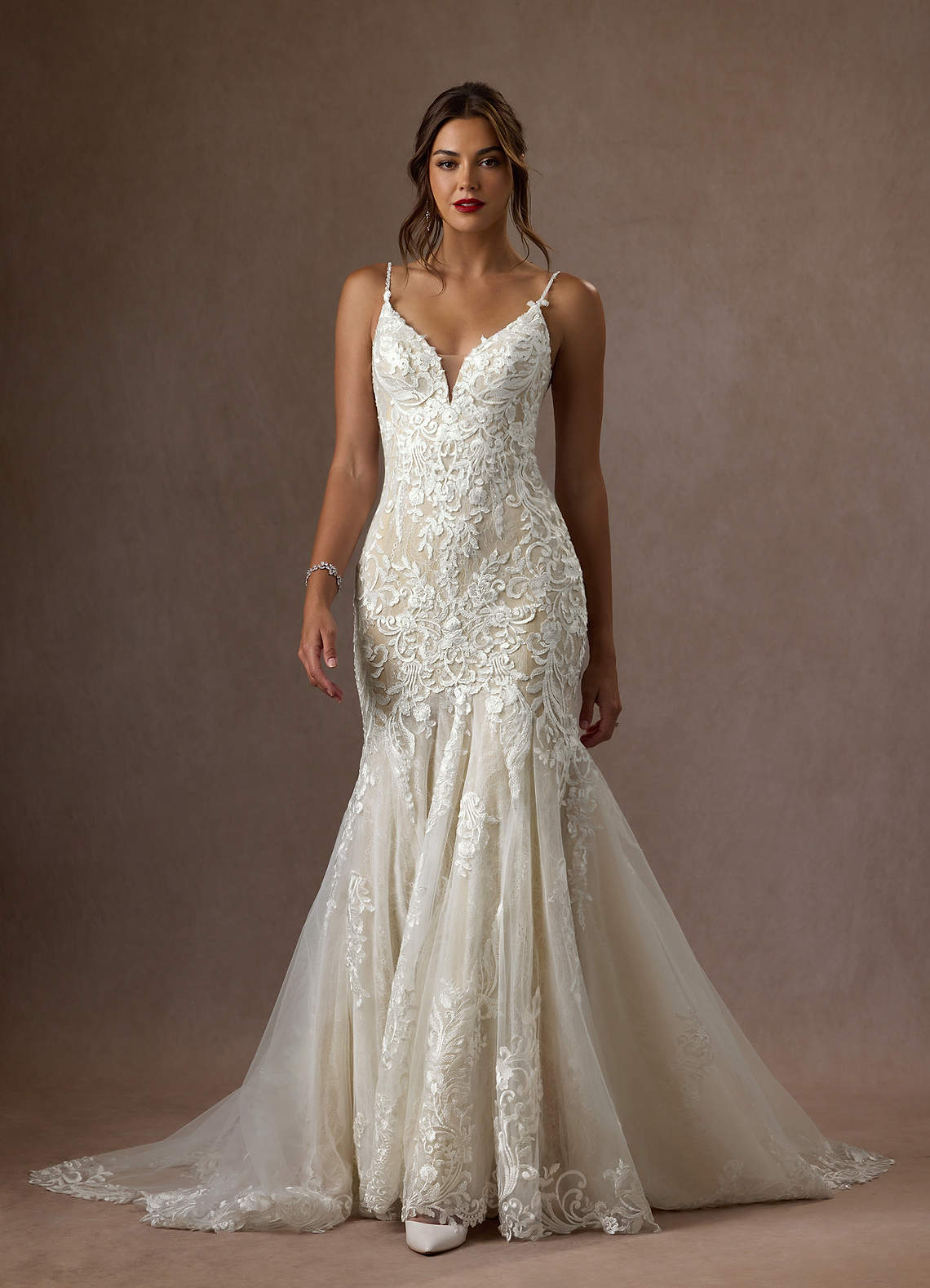 Azazie Camlynn Wedding Dresses Diamond White Nude Mermaid V-Neck Sequins Tulle Dress image1