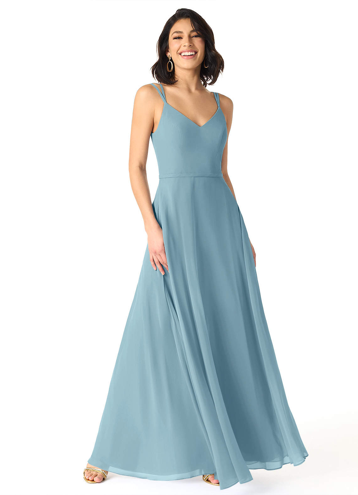 Azazie Janine Brautjungfernkleider A-Linie V-Hals Chiffon Kleid Stimmungsvolles Blau image1