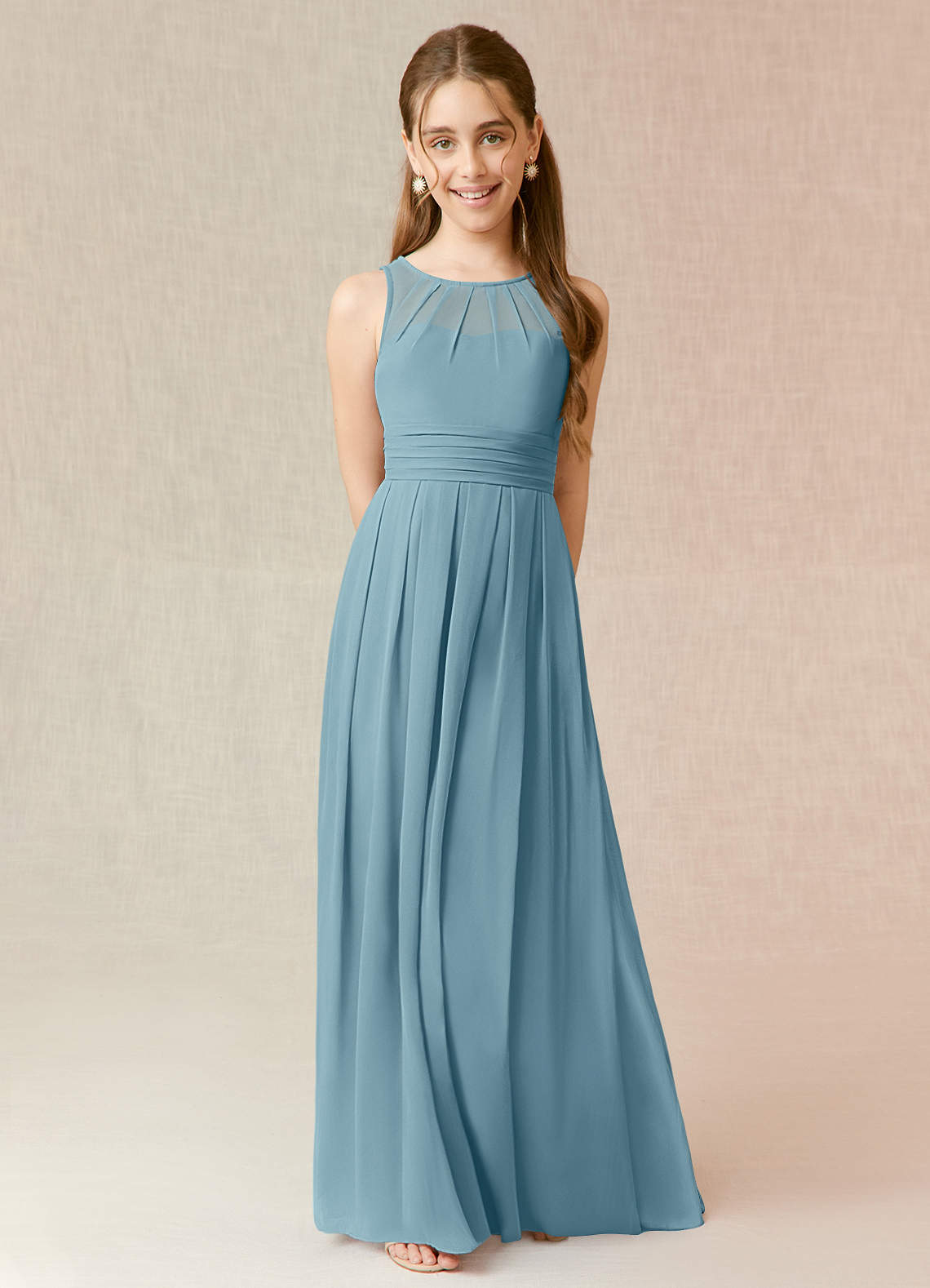 Azazie Bibiane Junior Moody Blue A-Line Pleated Chiffon Dress image1
