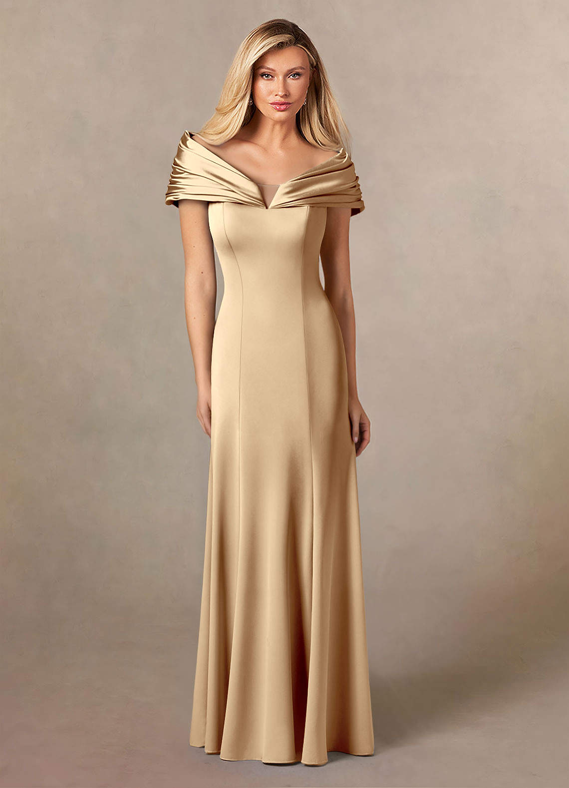 Azazie Auberdeen Mother of the Bride Dresses Champagne Mermaid Pleated Stretch Satin Dress image1