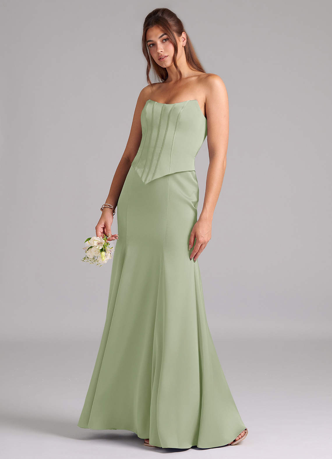 Azazie Ximena Vestidos de damas de honor Vestido de Salvia Polvorienta de Satén Elástico de Corte Sirena Convertible con Corsé image1