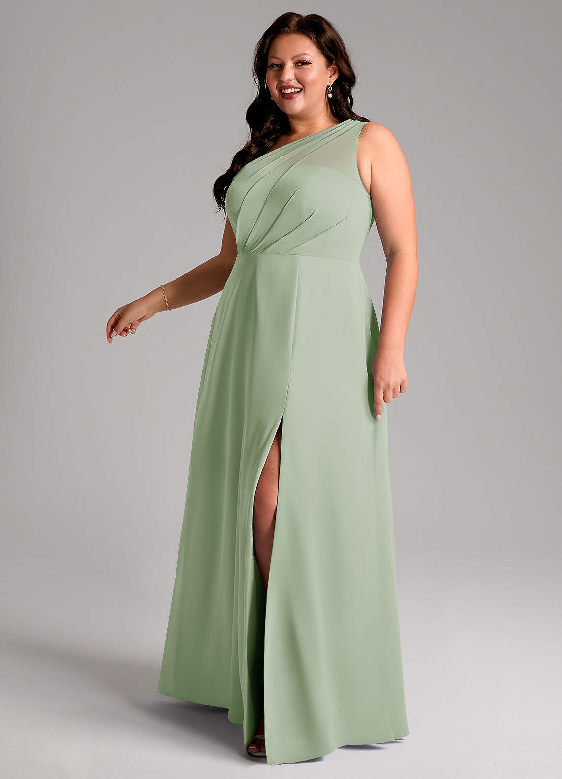 Azazie Phaedra Vestidos de madrinha de casamento Vestido Dusty Sage de Chiffon de Linha A com Um ombro image13