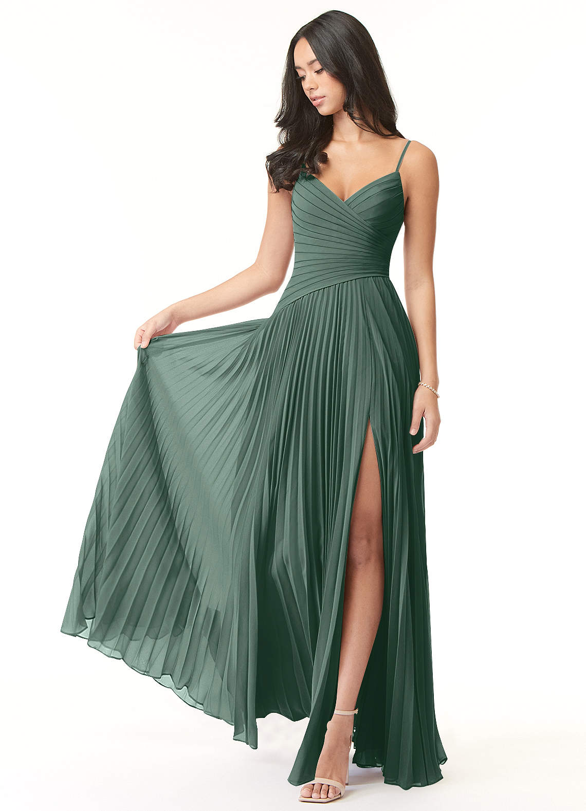 Azazie Vini Robes de demoiselle d'honneur Robe Trapèze en Mousseline de soie Col V plissé Mousse De Mer image1