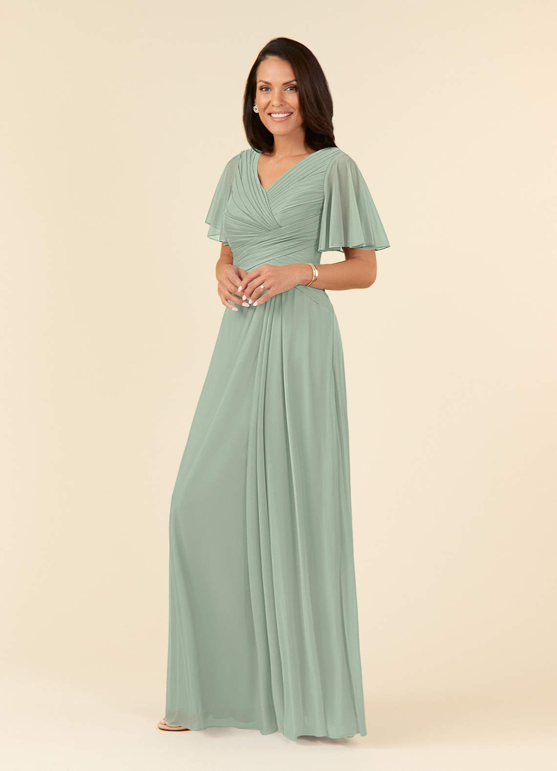 Azazie Emmeline Mother of the Bride Dresses Dusty Sage A-Line V-Neck Pleated Mesh Dress image2