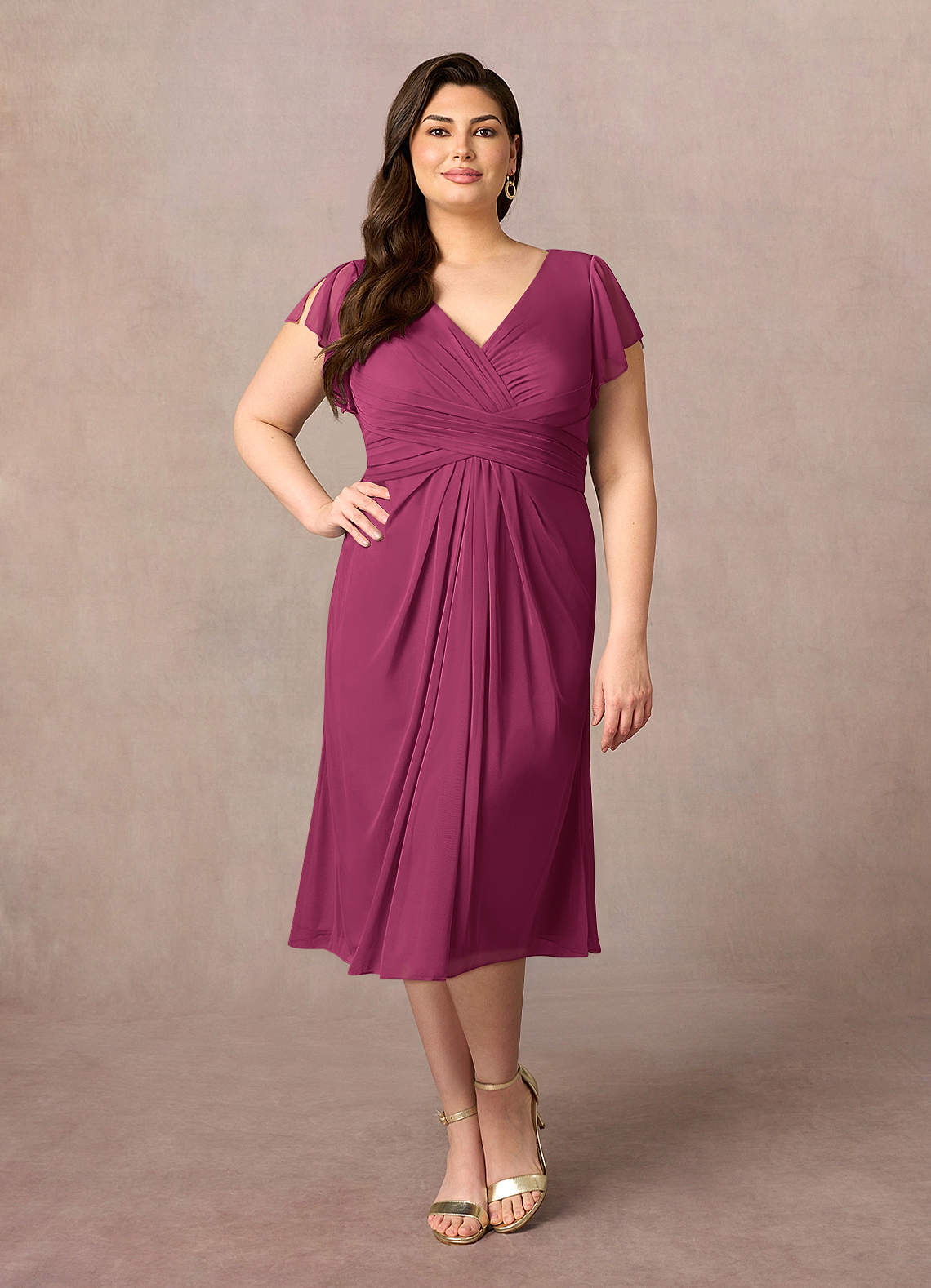 Azazie Vera At-home Try On Dresses Mulberry A-Line V-Neck Pleated Mesh Dress image5