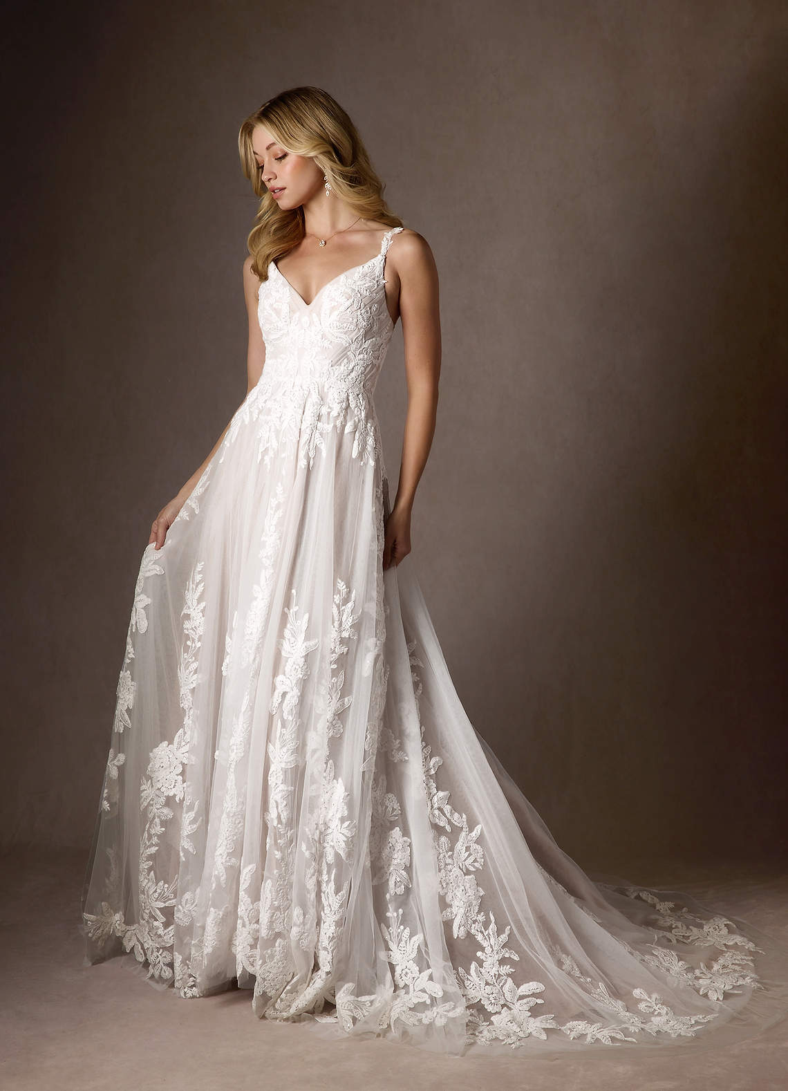 Azazie Delaina Diamond White Cocoa A-Line V-Neck Sequins Tulle