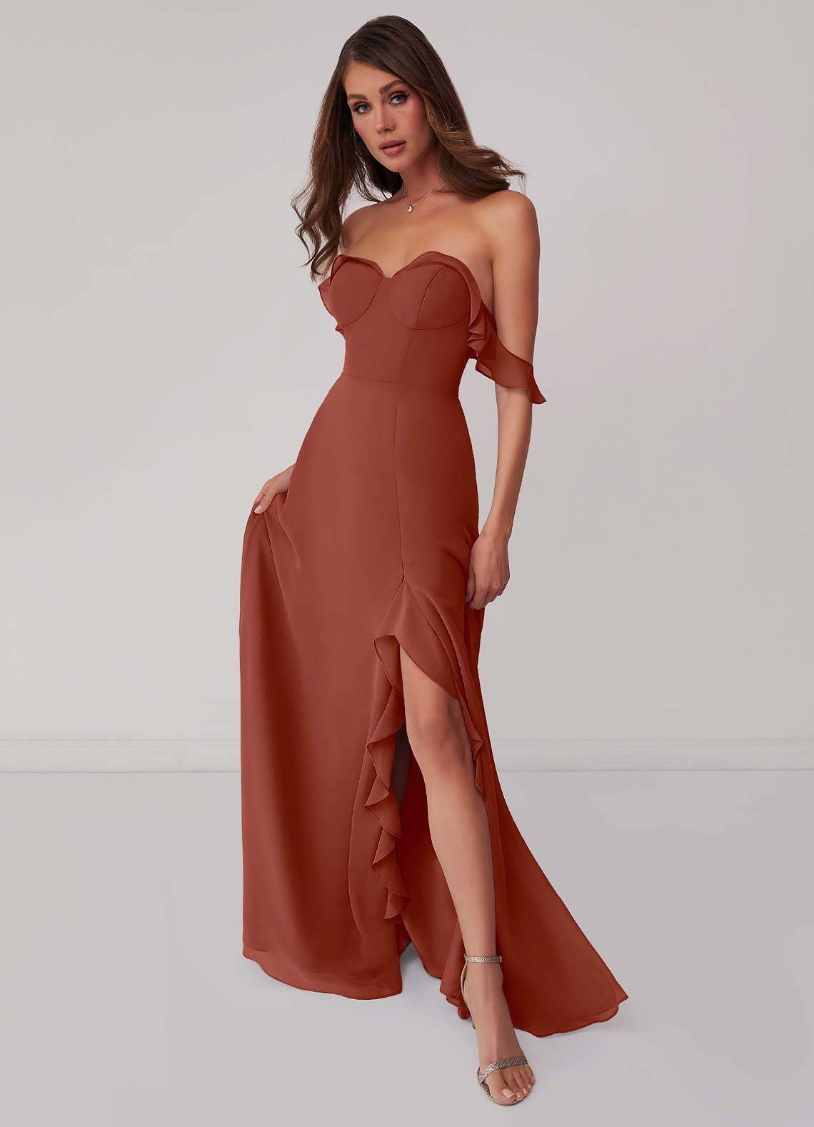 Barbie ♥ Azazie Bridesmaid Dresses Auburn A-Line Off the Shoulder Chiffon Convertible Dress image1