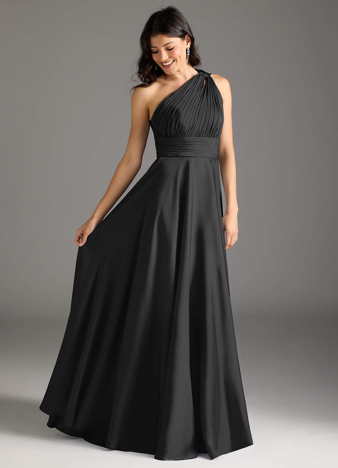 Azazie Charlize Bridesmaid Dresses Black A-Line One Shoulder Stretch Satin Dress image1