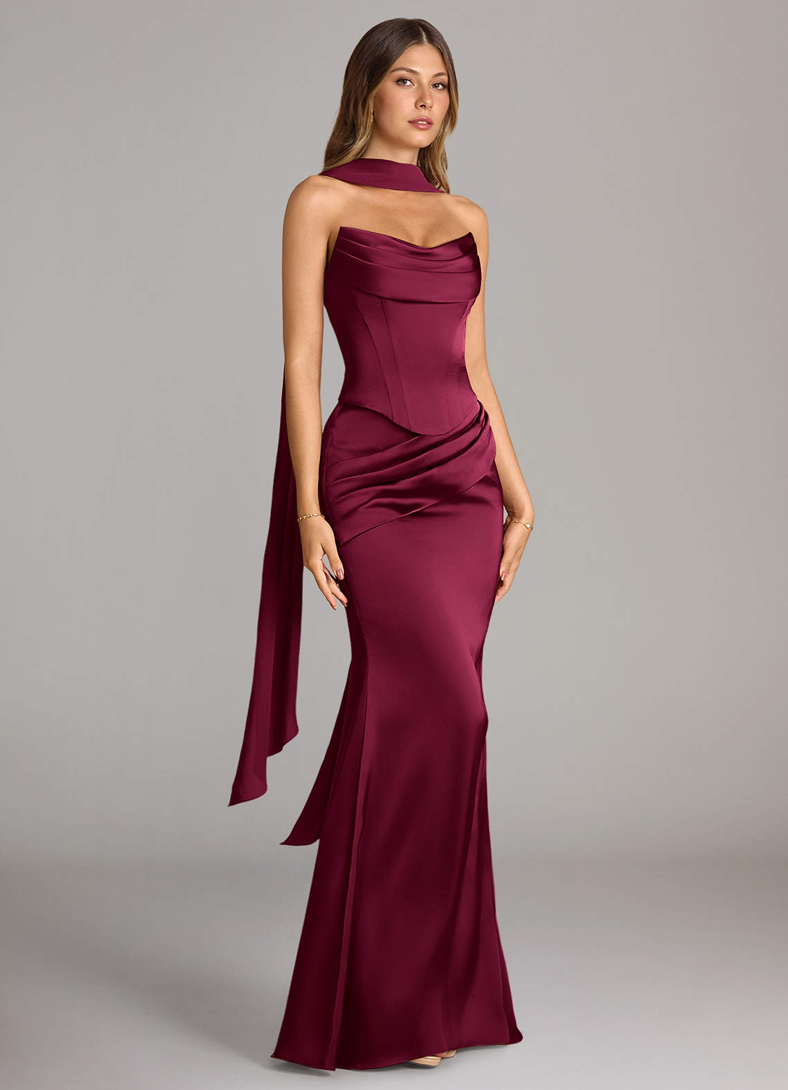 Azazie Sorrel Bridesmaid Dresses Burgundy Mermaid Strapless Stretch Satin Convertible Dress image2