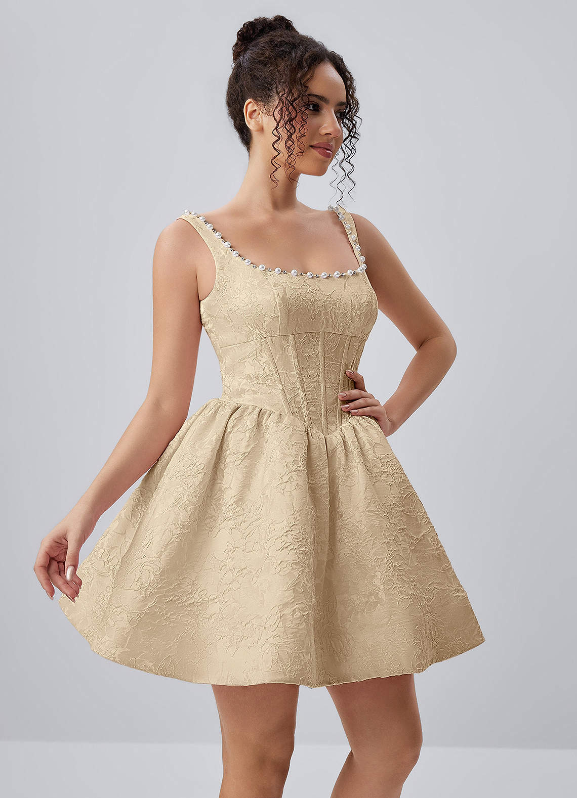 champagne mini dress formal Azazie A-Line Quinceañera Damas Dresses Corset Beading Rhinestones Lace Up Jacquard Square kay unger dress
