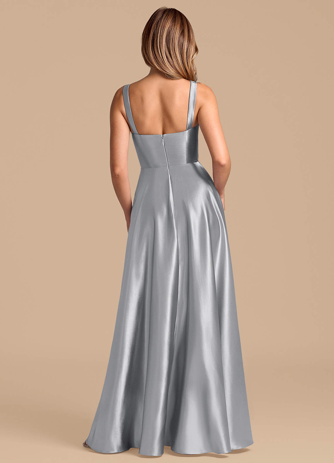 Azazie Shaude Bridesmaid Dresses Silver A-Line Pleated Metallic Satin Dress image5