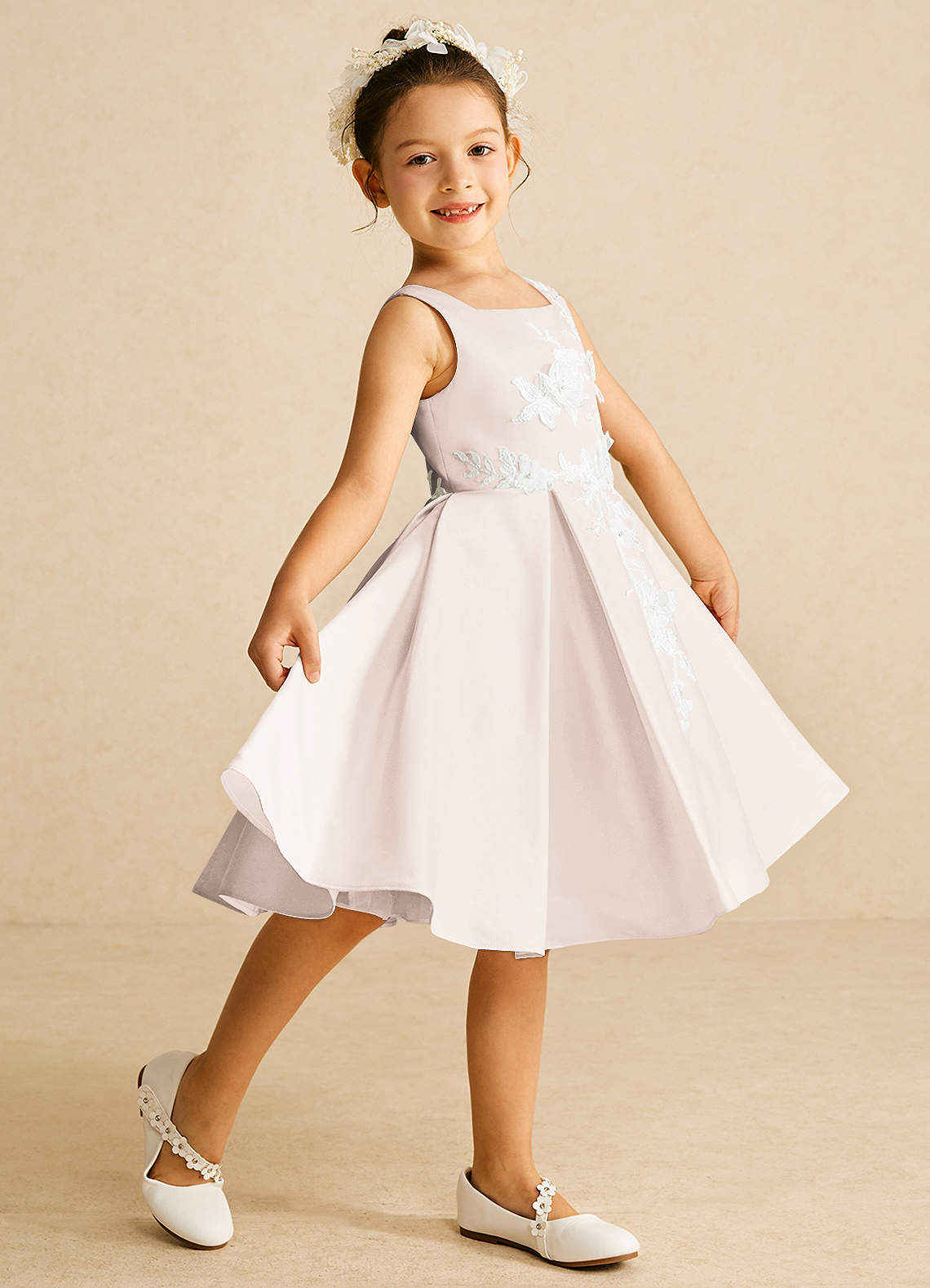 Azazie Kata Flower Girl Dresses Rose Petal A-Line Lace Matte Satin Dress image1