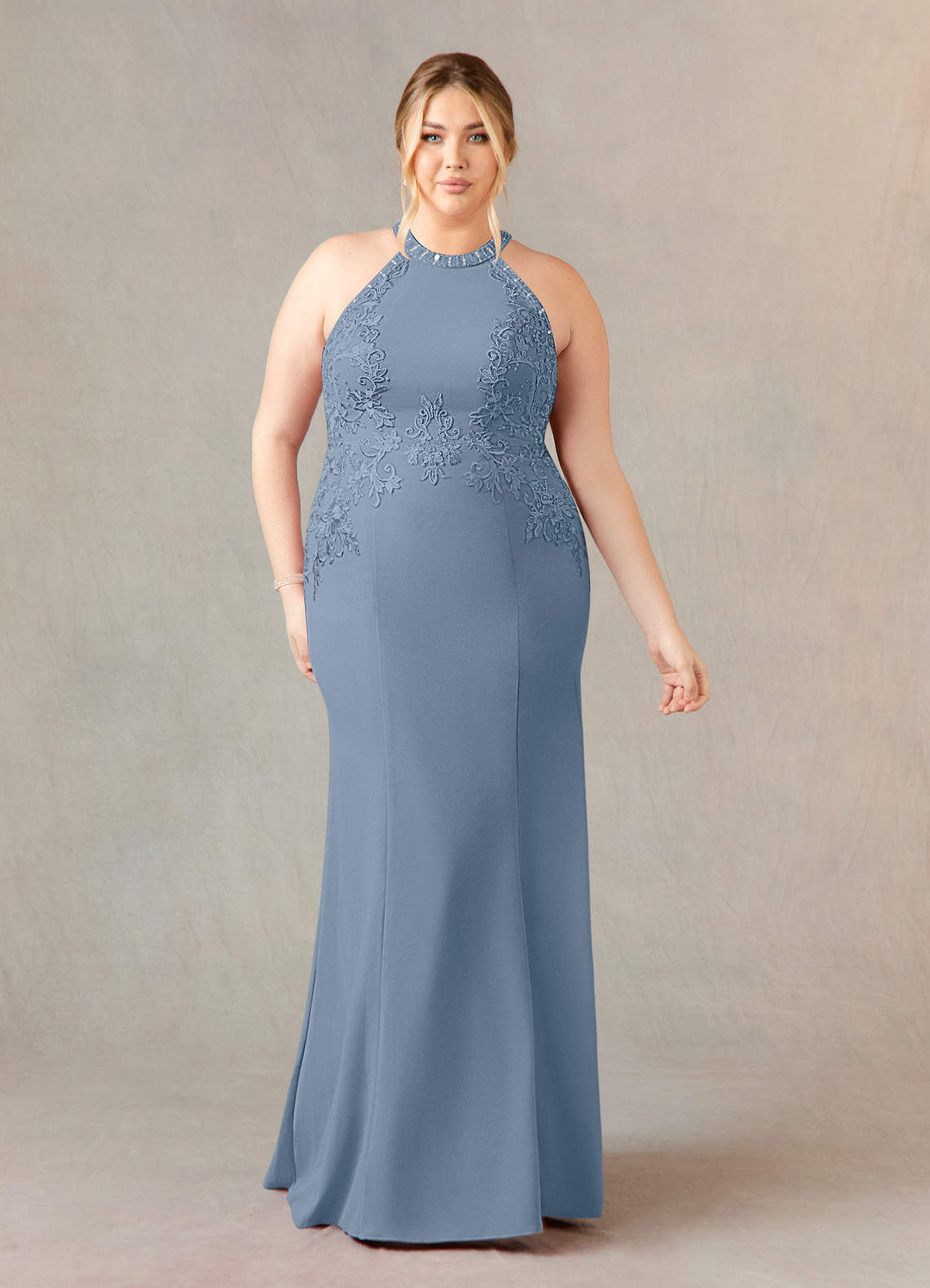 Azazie Tyra Mother of the Bride Dresses Dusty Blue Mermaid Halter Lace Stretch Crepe Dress image6