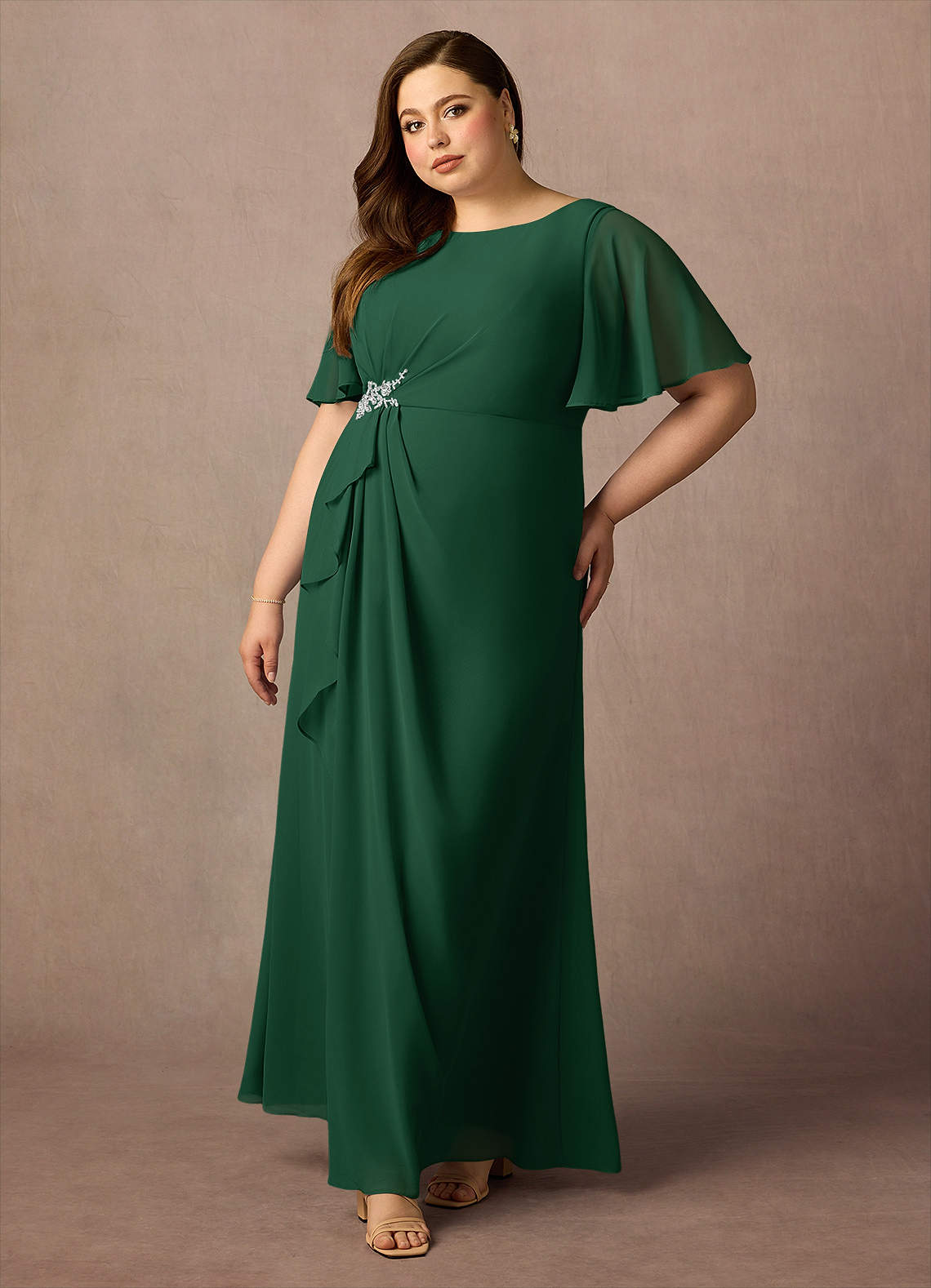Azazie Rain Vestidos para mãe da noiva Vestido Verde Escuro de Chiffon de Bainha com Frisado image3