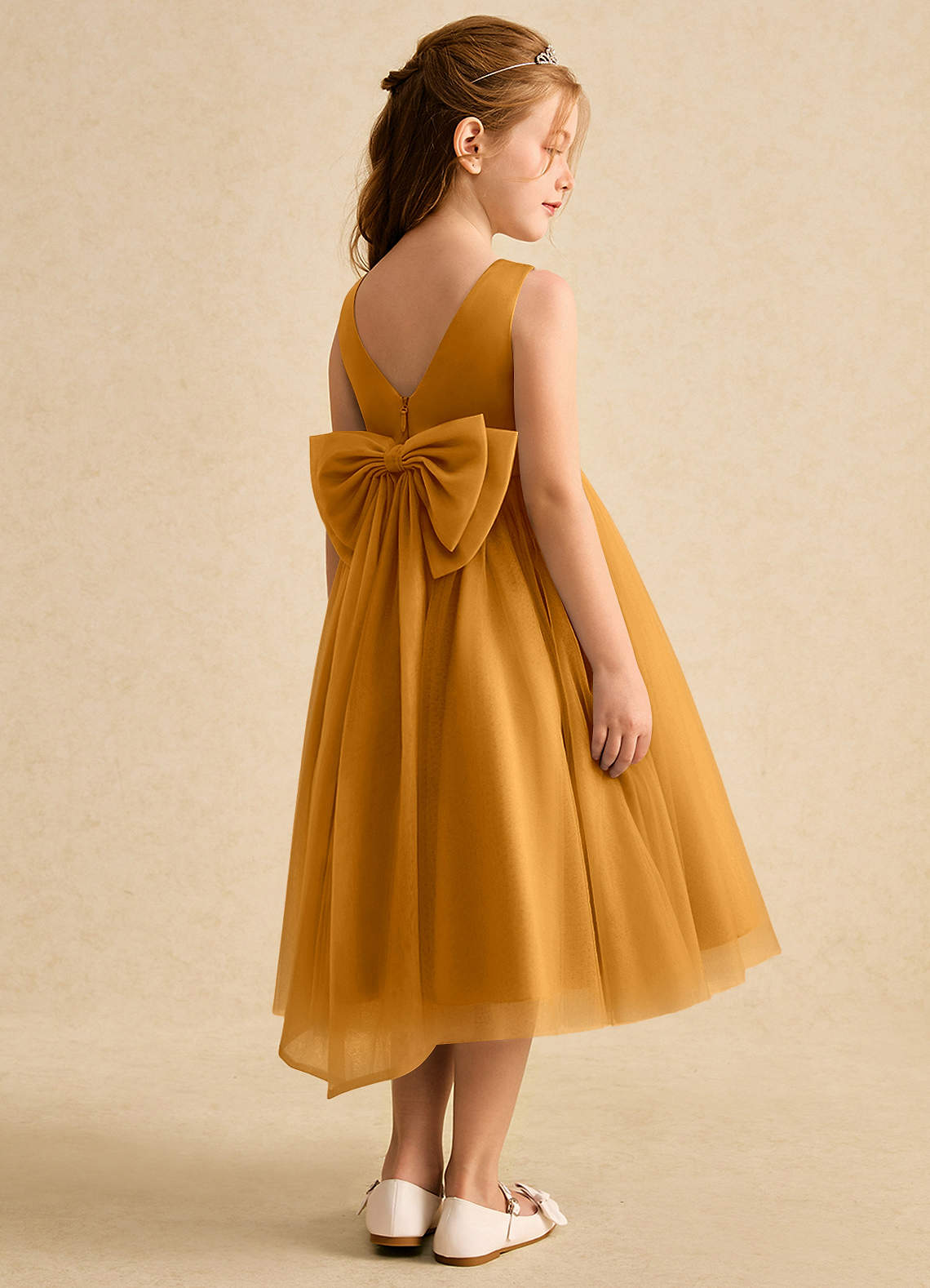 Azazie Winnie Robe Demoiselle D'honneur Fillette Robe Princesse en Tulle Arc Caramel écossais image2