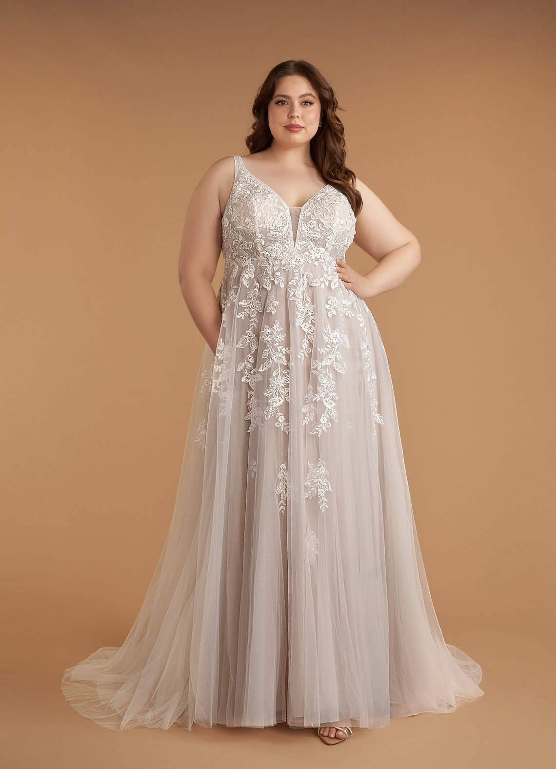 Azazie Sorella Wedding Dresses Diamond White Caramel A-Line V-Neck Sequins Tulle Dress image1