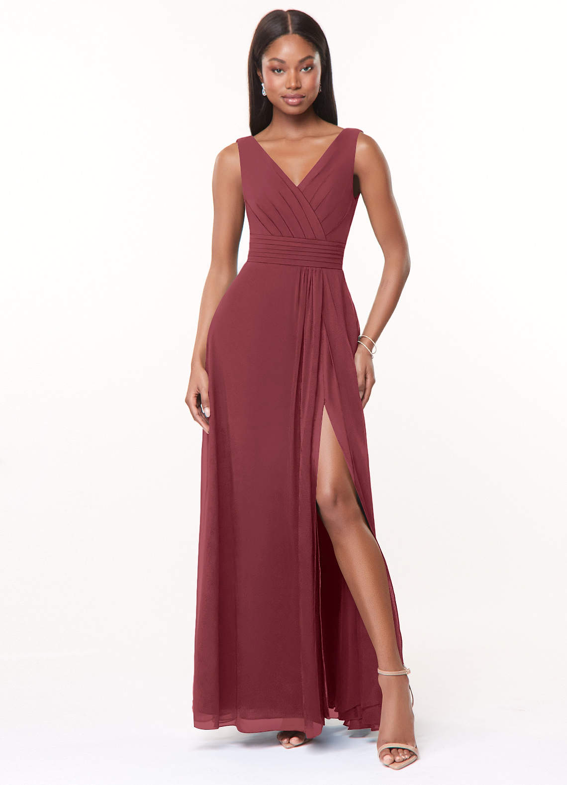 Azazie Karina Bridesmaid Dresses Merlot A-Line Pleated Chiffon Dress image1