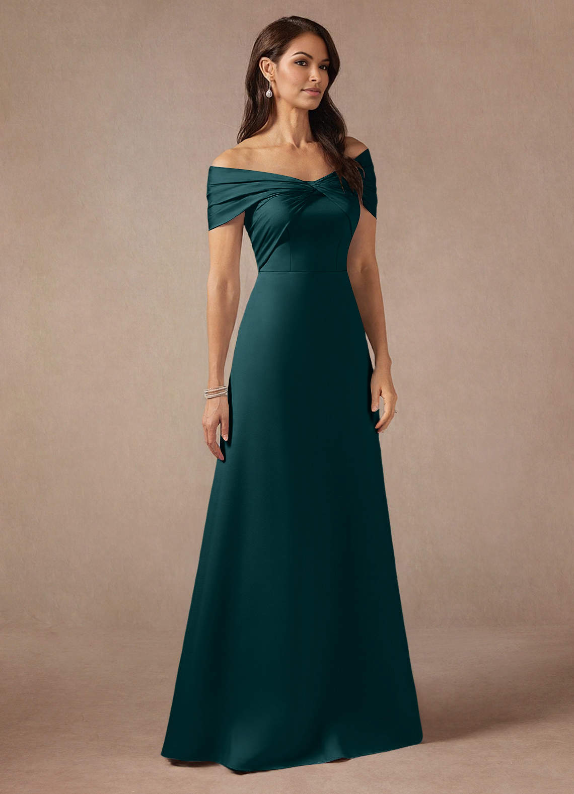 Azazie Amelia Mother of the Bride Dresses Pine A-Line Off the Shoulder Stretch Satin Dress image3
