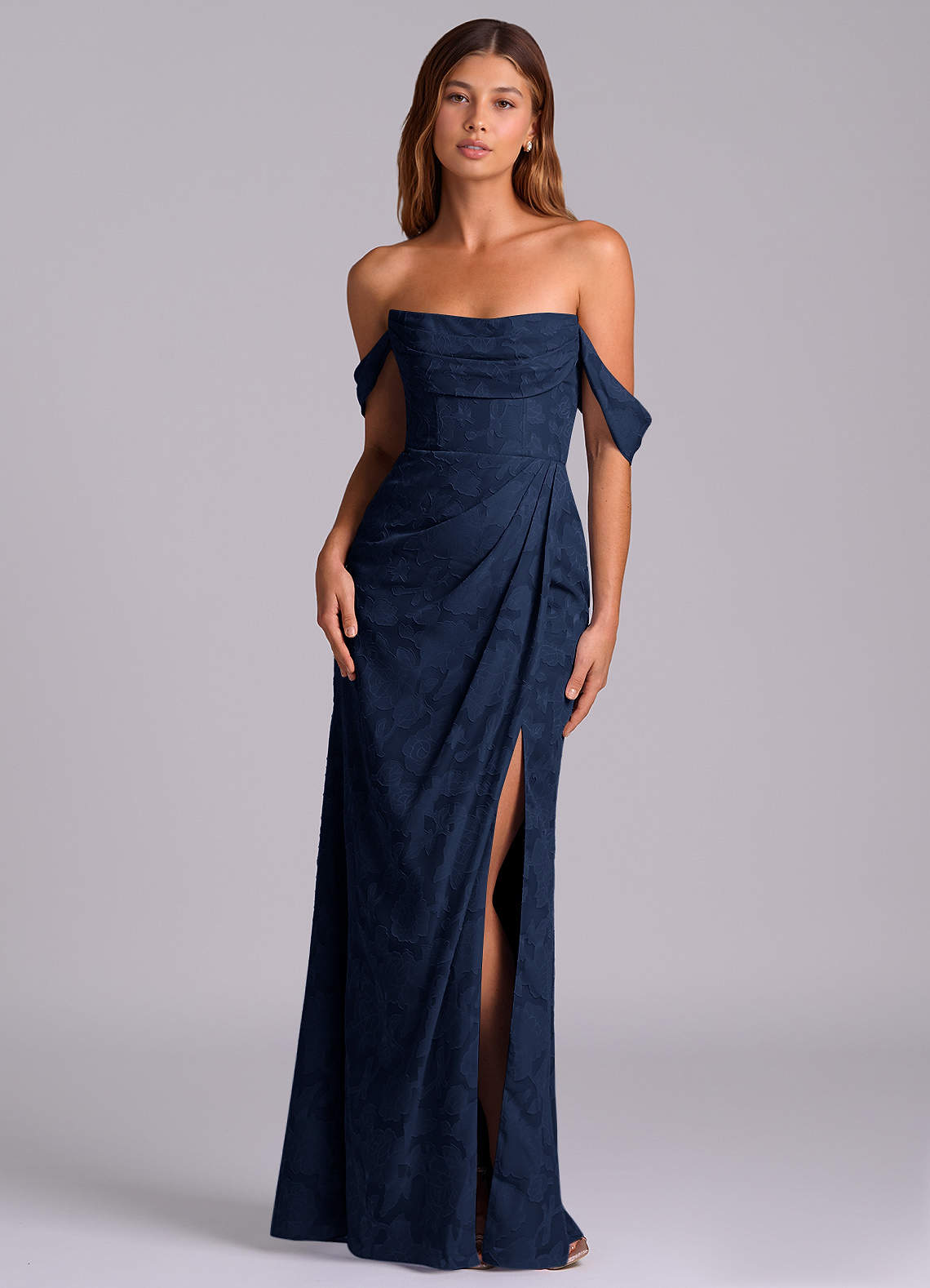 Azazie Johana Bridesmaid Dresses Dark Navy Mermaid Off the Shoulder Floral Burnout Convertible Dress image1