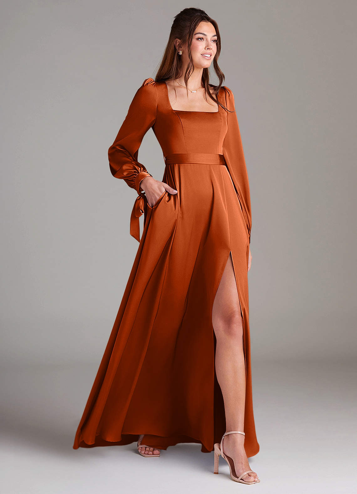 Azazie Leonia Bridesmaid Dresses Burnt Orange A-Line Long Sleeve Stretch Satin Dress image3