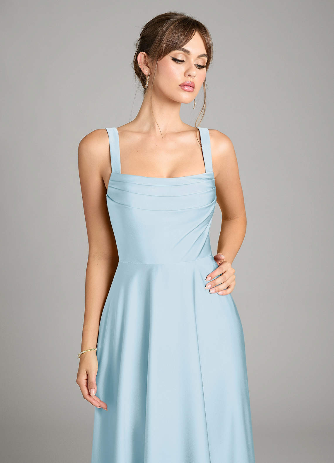 Azazie Shaude Bridesmaid Dresses Sky Blue A-Line Pleated Stretch Satin Dress image2
