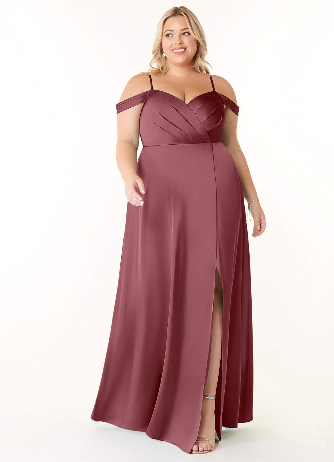 Azazie Ocean Brautjungfernkleider A-Linie V-Hals Gefaltet Stretch-Satin Kleid Wüstenrose image1