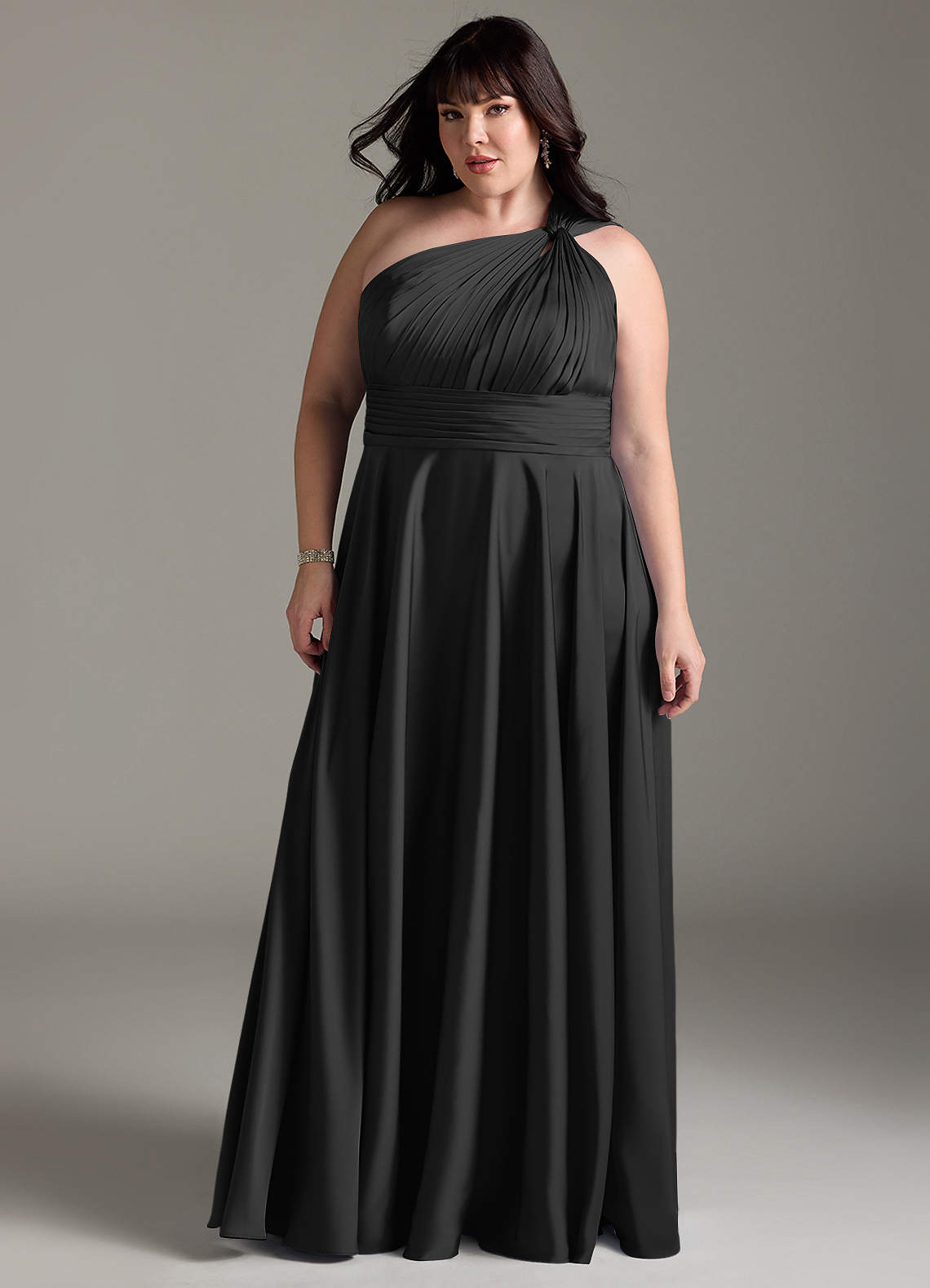 Azazie Charlize Bridesmaid Dresses Black A-Line One Shoulder Stretch Satin Dress image12