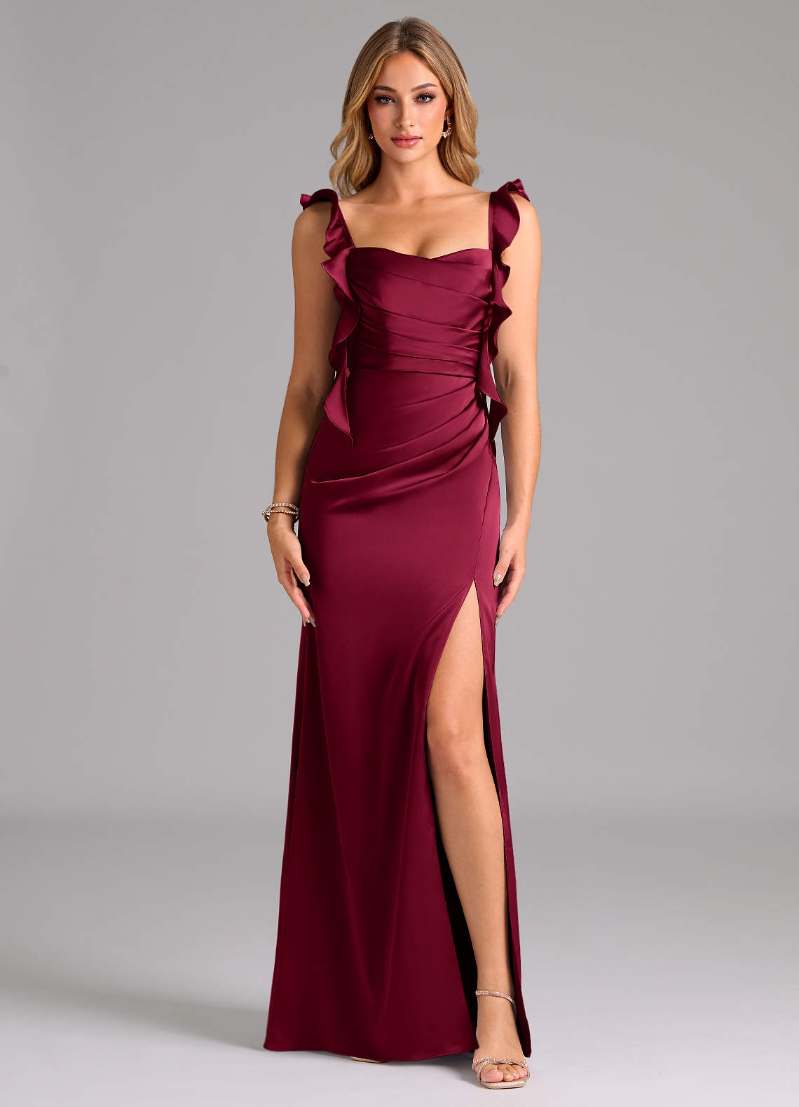 Azazie Jessamine Brautjungfernkleider Etui Korsett Stretch-Satin Kleid Burgunderrot image2