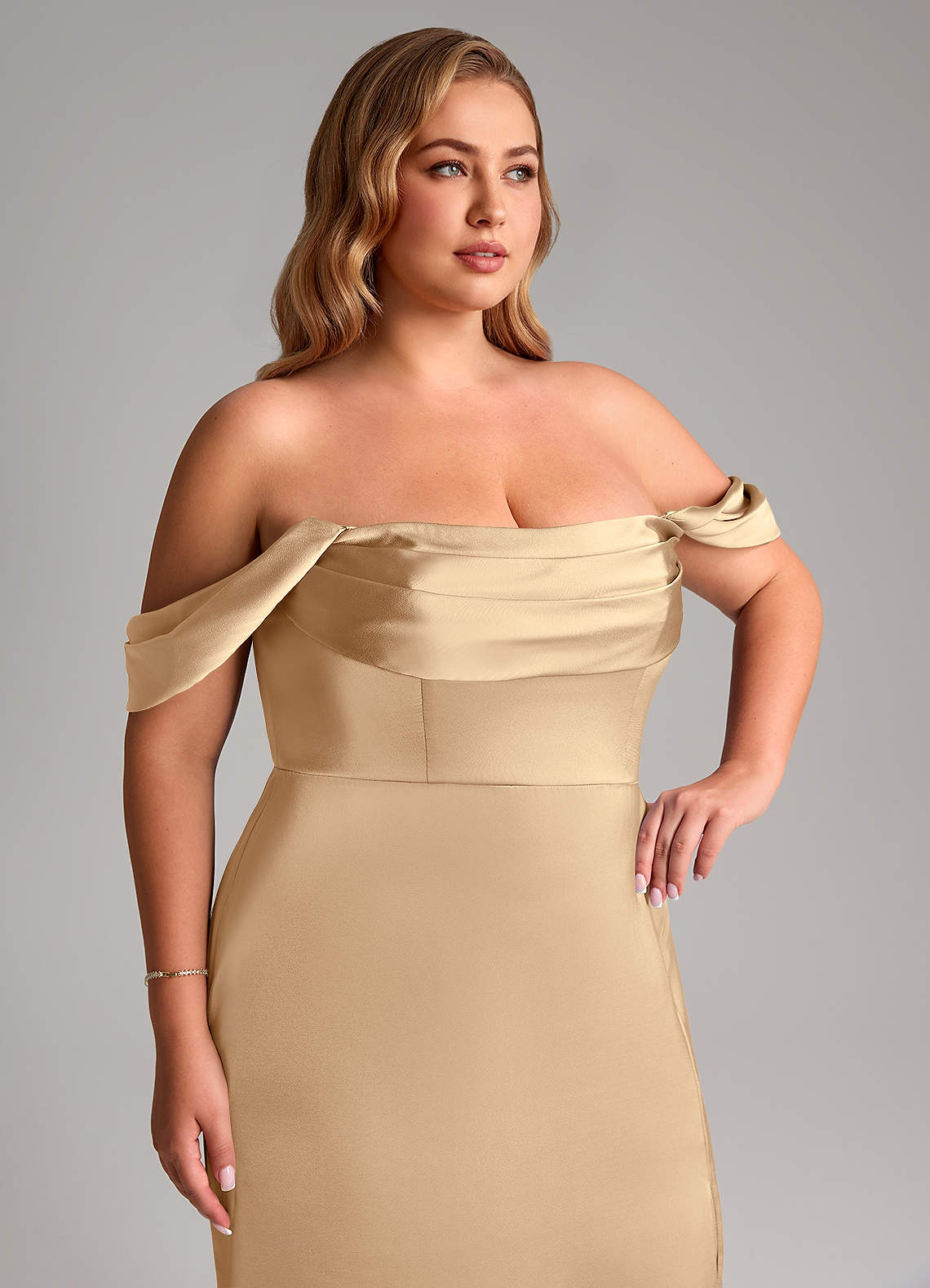 Azazie Saige Bridesmaid Dresses Champagne Sheath Off the Shoulder Stretch Satin Dress image13