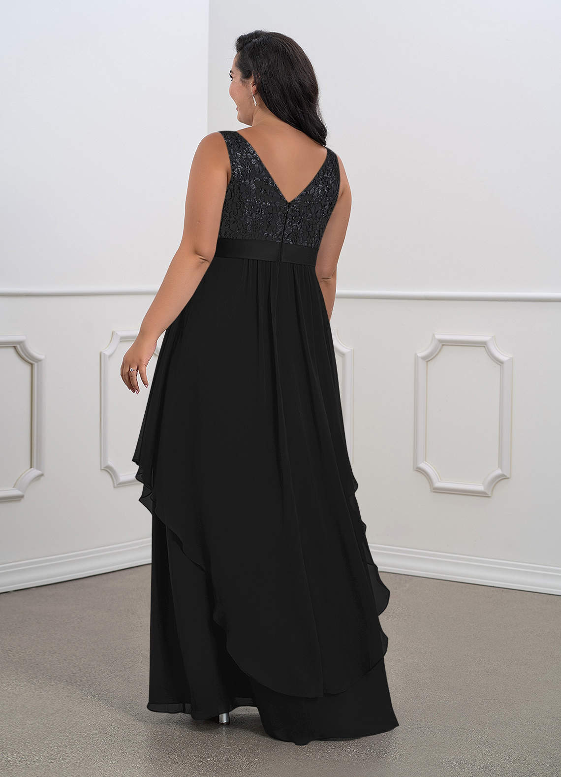 Black Azazie Xella A-Line Lace Chiffon Floor-Length Dress | Azazie