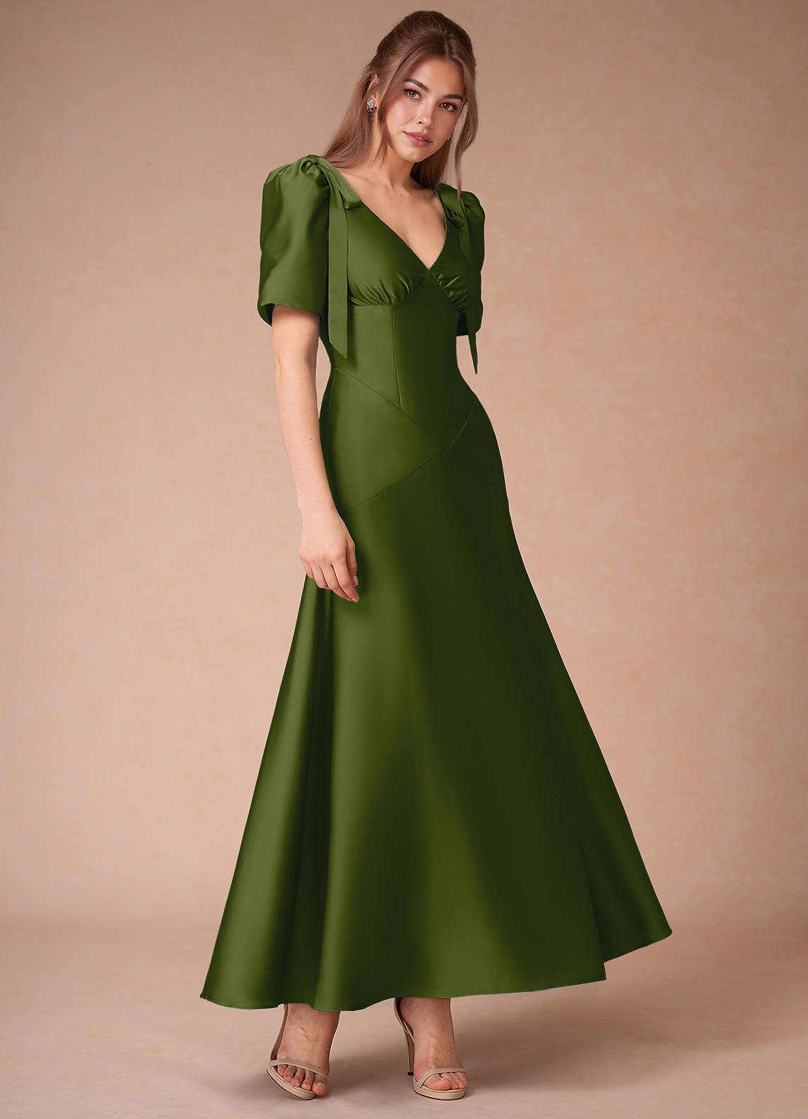 strapless open back dress Leely Women Olive Green Bridesmaid Dress with Slit Corset A-Line Spaghetti  Straps Satin Long Wedding Party Dress – leelyuk main image 1