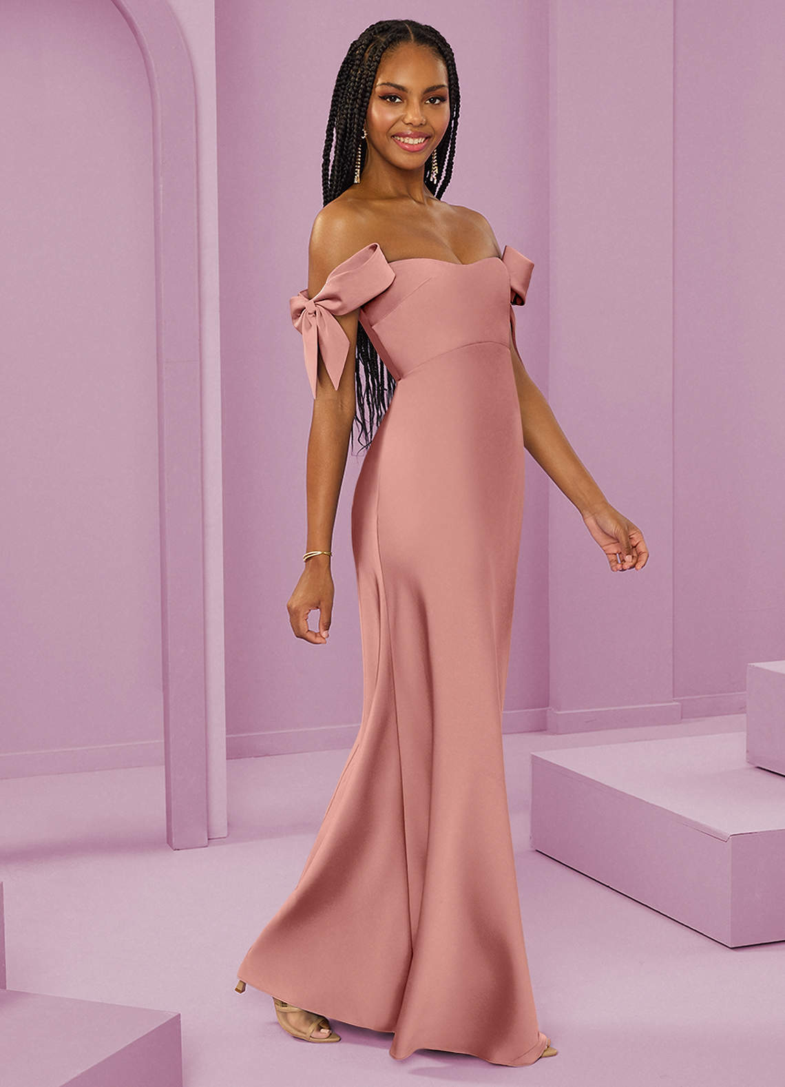 Barbie ♥ Azazie Bridesmaid Dresses Rosette Sheath Off the Shoulder Stretch Satin Convertible Dress image1
