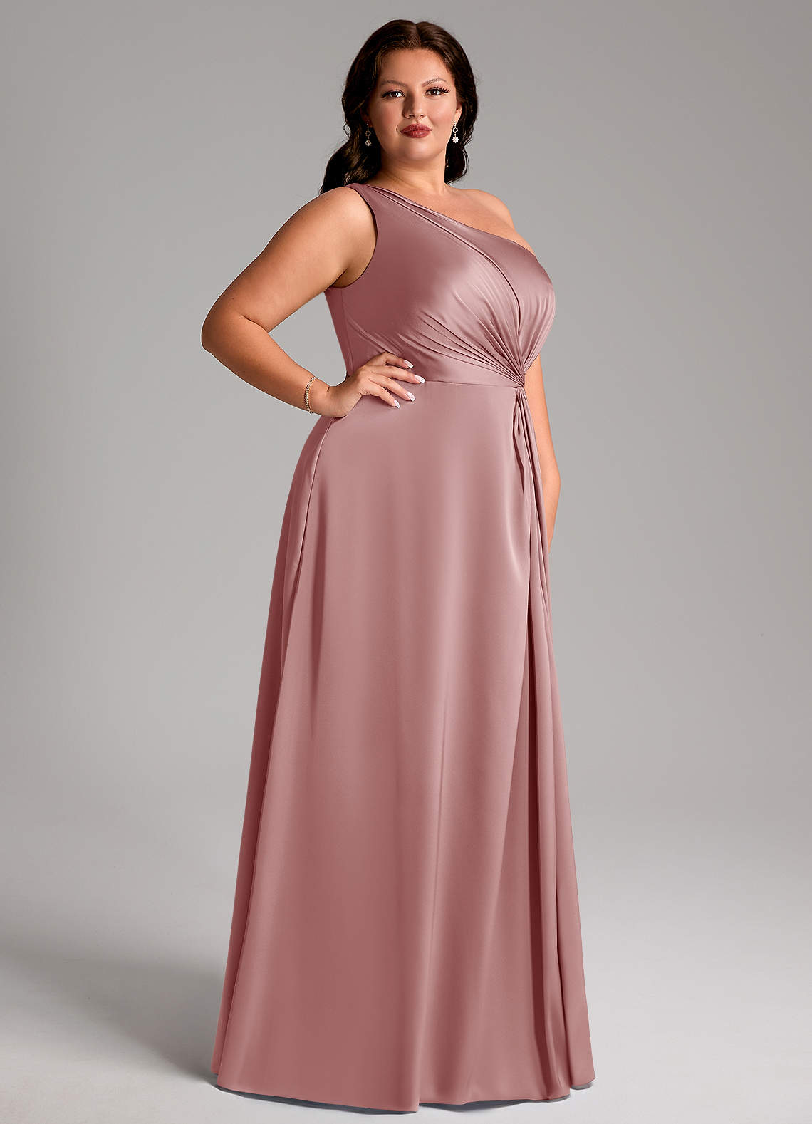 Azazie Brooke Brautjungfernkleider A-Linie One-Shoulder Stretch-Satin Kleid Altrosa image9