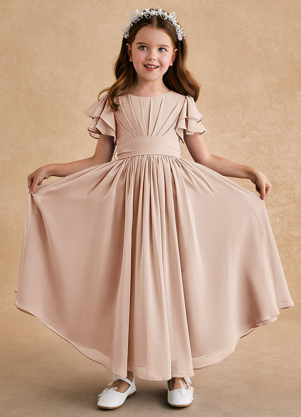 Azazie Ali Flower Girl Dresses English Rose A-Line Pleated Chiffon Dress image1