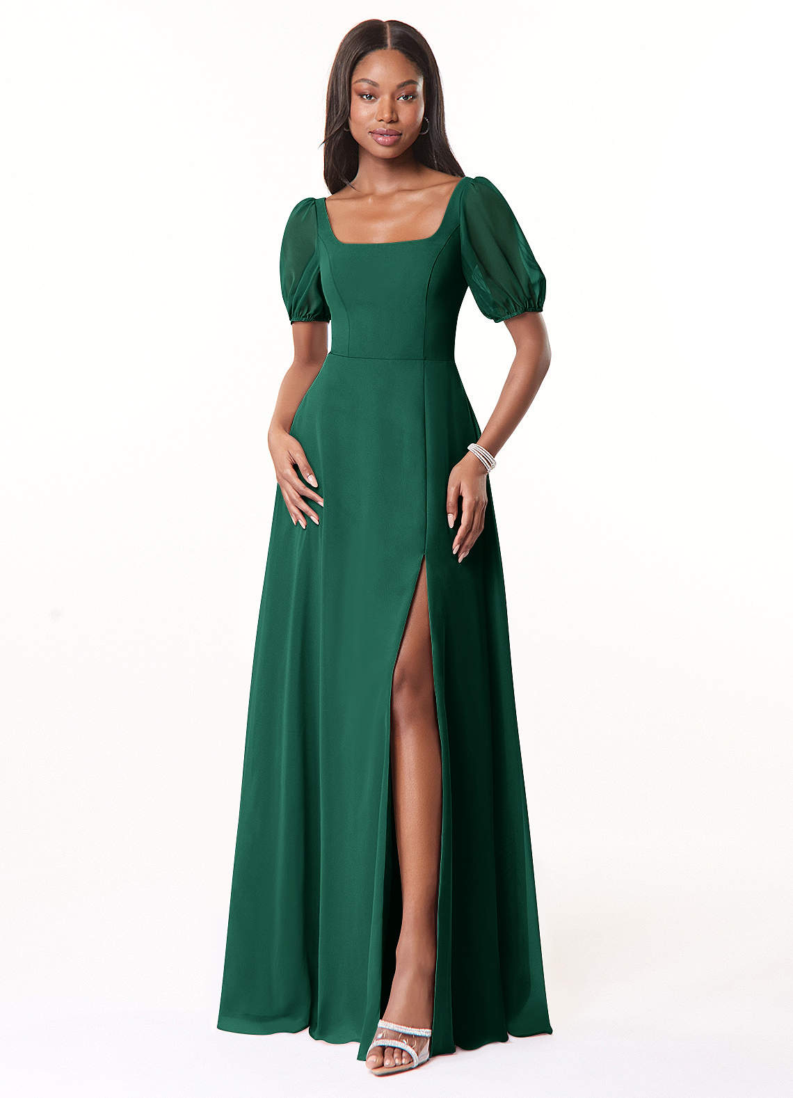 Azazie Alani Bridesmaid Dresses Emerald A-Line Square Neckline Chiffon Dress image1