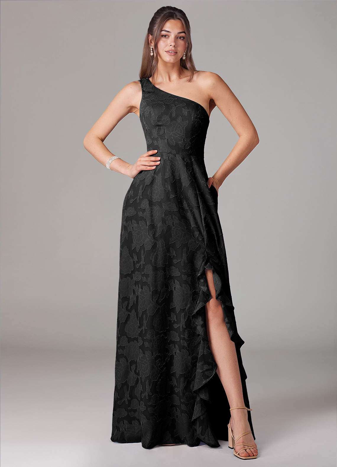 Azazie Ellianna Bridesmaid Dresses Black A-Line One Shoulder Floral Burnout Dress image1