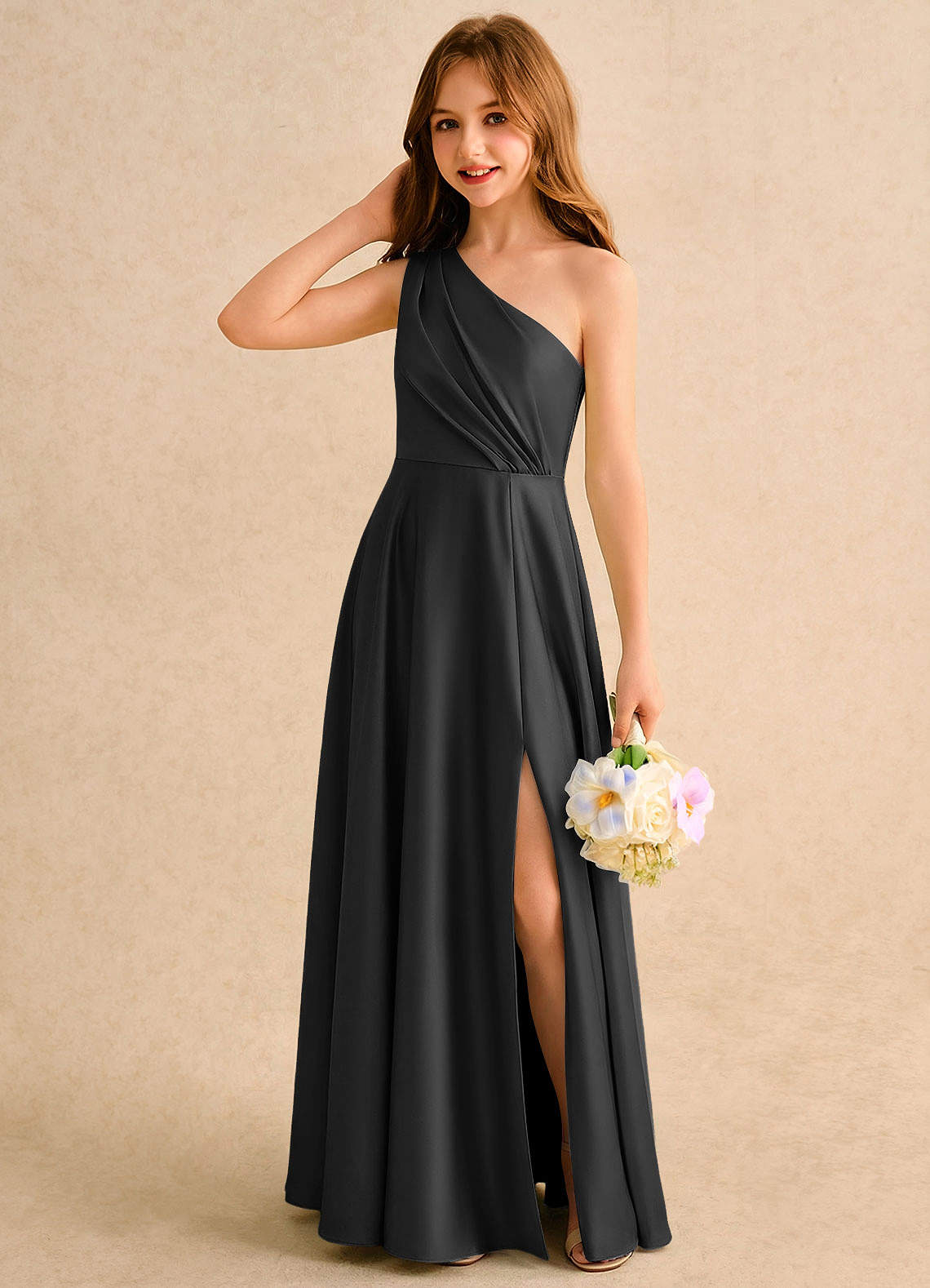 Azazie Puddles Girls Formal Flower Girl Klänningar Klä A-Line i Stretch Satin Ena axeln image2
