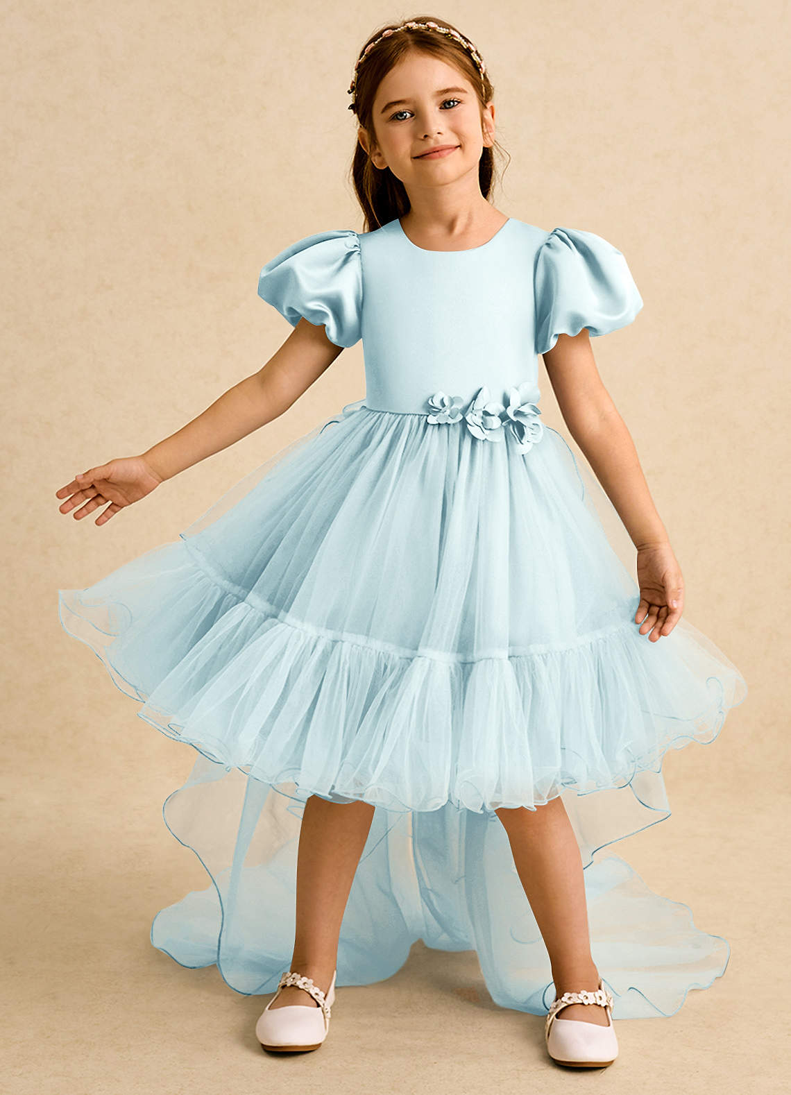 Azazie Cocoa vestidos de niña de las flores Vestido de Vidrio Marino de Tul de Princesa con Plisado image1