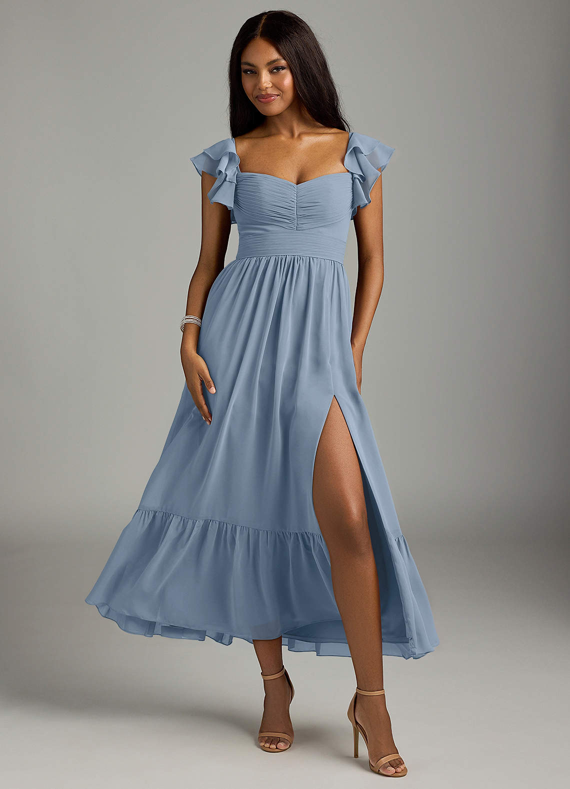 Azazie Anaya Bridesmaid Dresses Dusty Blue A-Line Pleated Chiffon Dress image1
