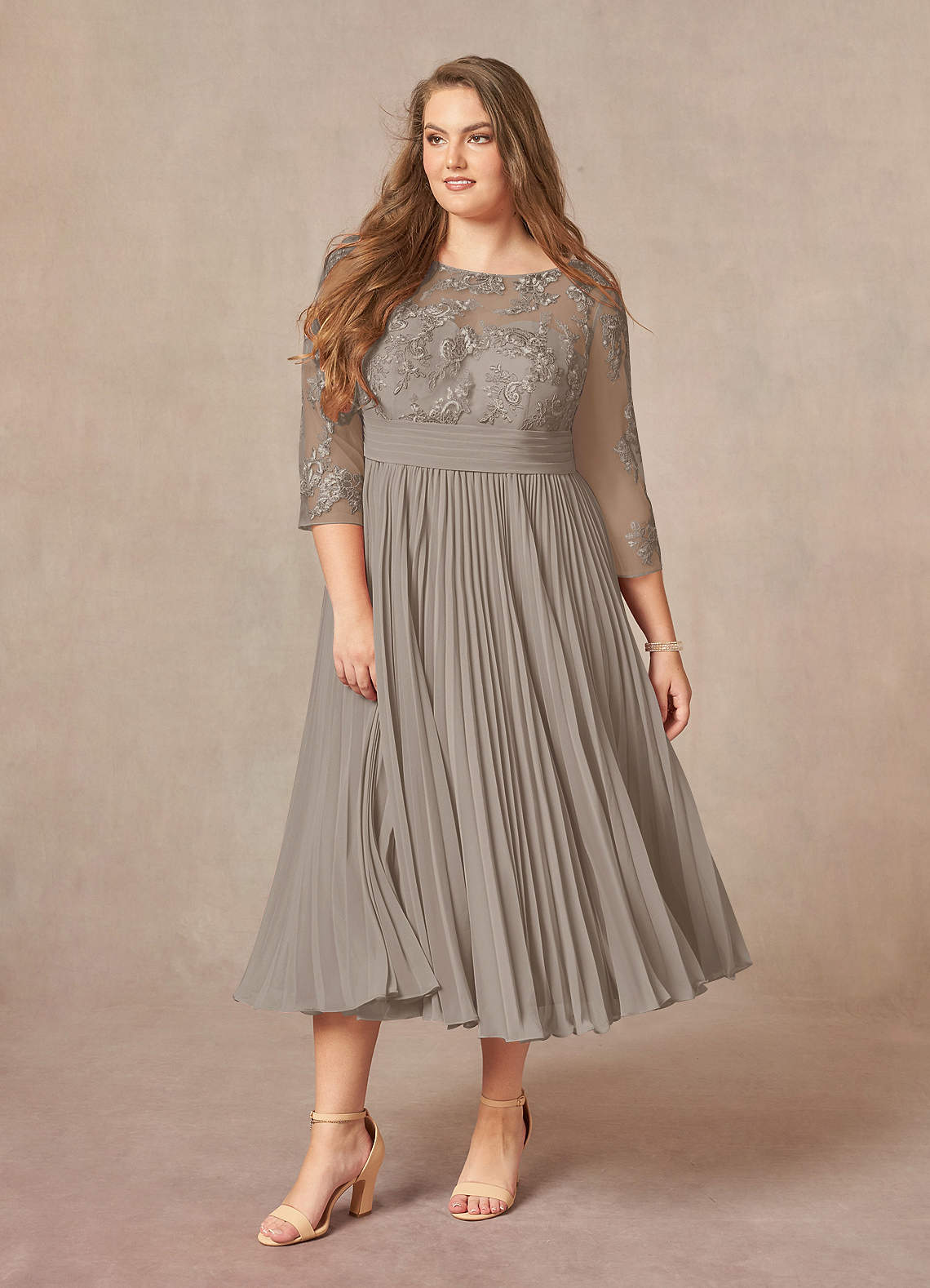 Azazie Tutu Mother of the Bride Dresses Taupe A-Line Boatneck Lace Chiffon Dress image8