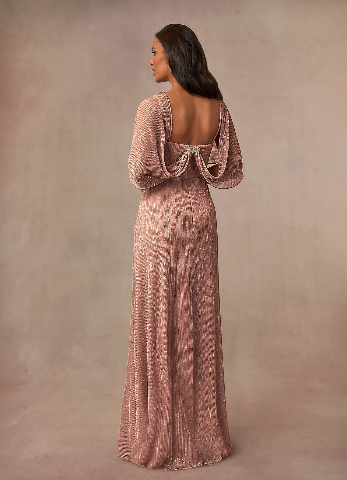 Azazie Loretta Mother of the Bride Dresses Rose Gold A-Line Cowl Cape Metallic Mesh Dress image1