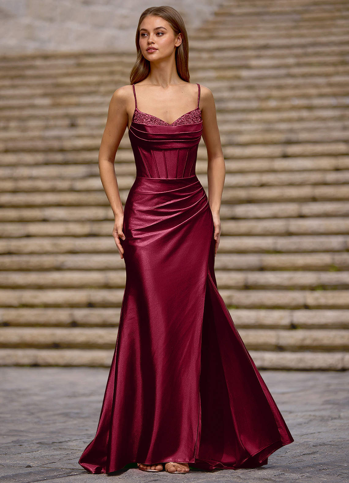 strapless open back dress Ladivine CC415 Size 12 Red Sheer Beaded V Neck Corset Prom Dress A Line Shimmer Ballgown Formal Gown main image 0