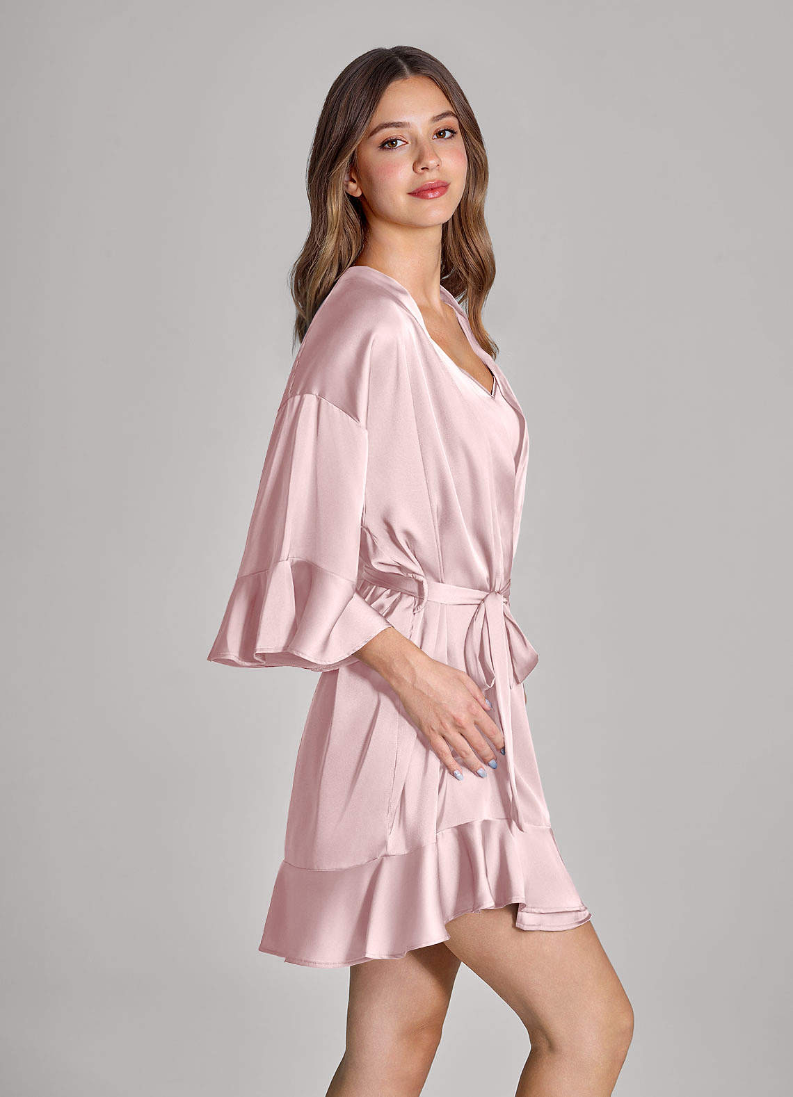front Matching Color Ruffled Satin Robe