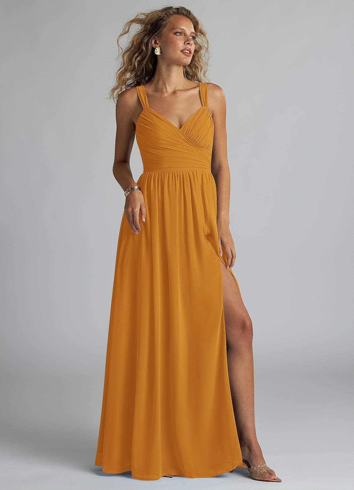 Azazie Aziza Bridesmaid Dresses Butterscotch A-Line V-Neck Pleated Chiffon Dress image1